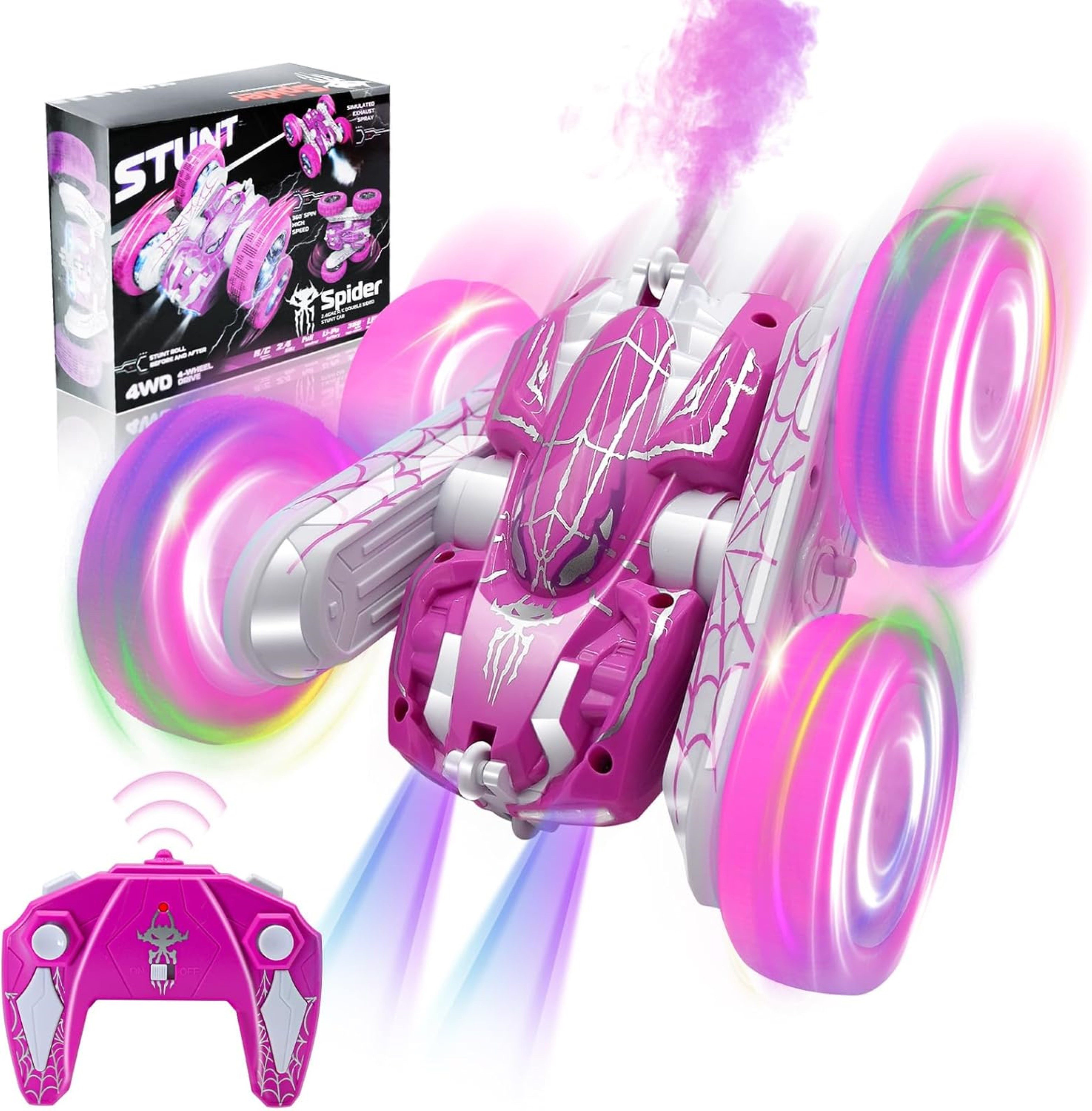 LA CUTE RC-Auto RC Spider Auto Pink 4x4 (Spielzeug-Stuntauto mit Zubehör und Akku, RC Stunt Car Set mit LED und Sprühfunktion), 4WD RC Auto mit LED, Sprühnebel & 360° Stuntfunktion