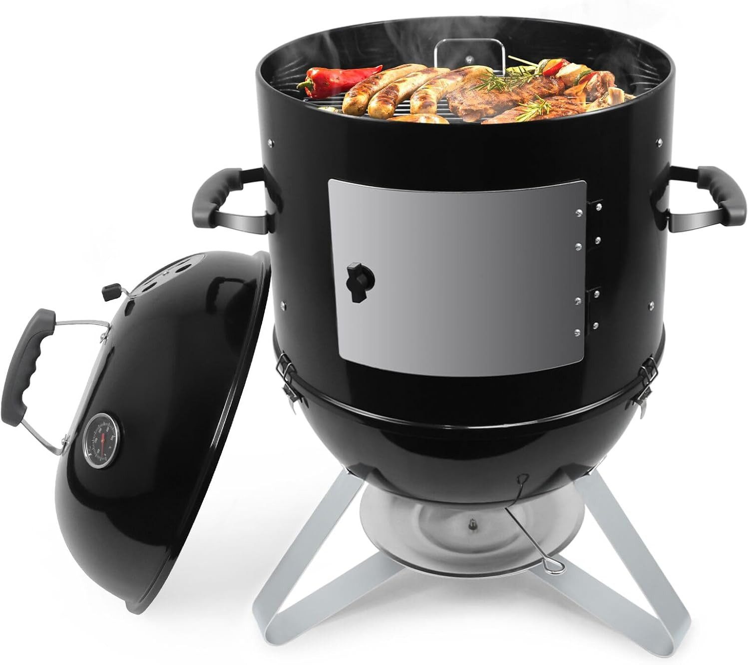 SunJas Holzkohlegrill K-22018S mit Regulierbar Luftabzug und Thermometer, Watersmoker, Räuchergrill Campinggrill mit Aschefangschale