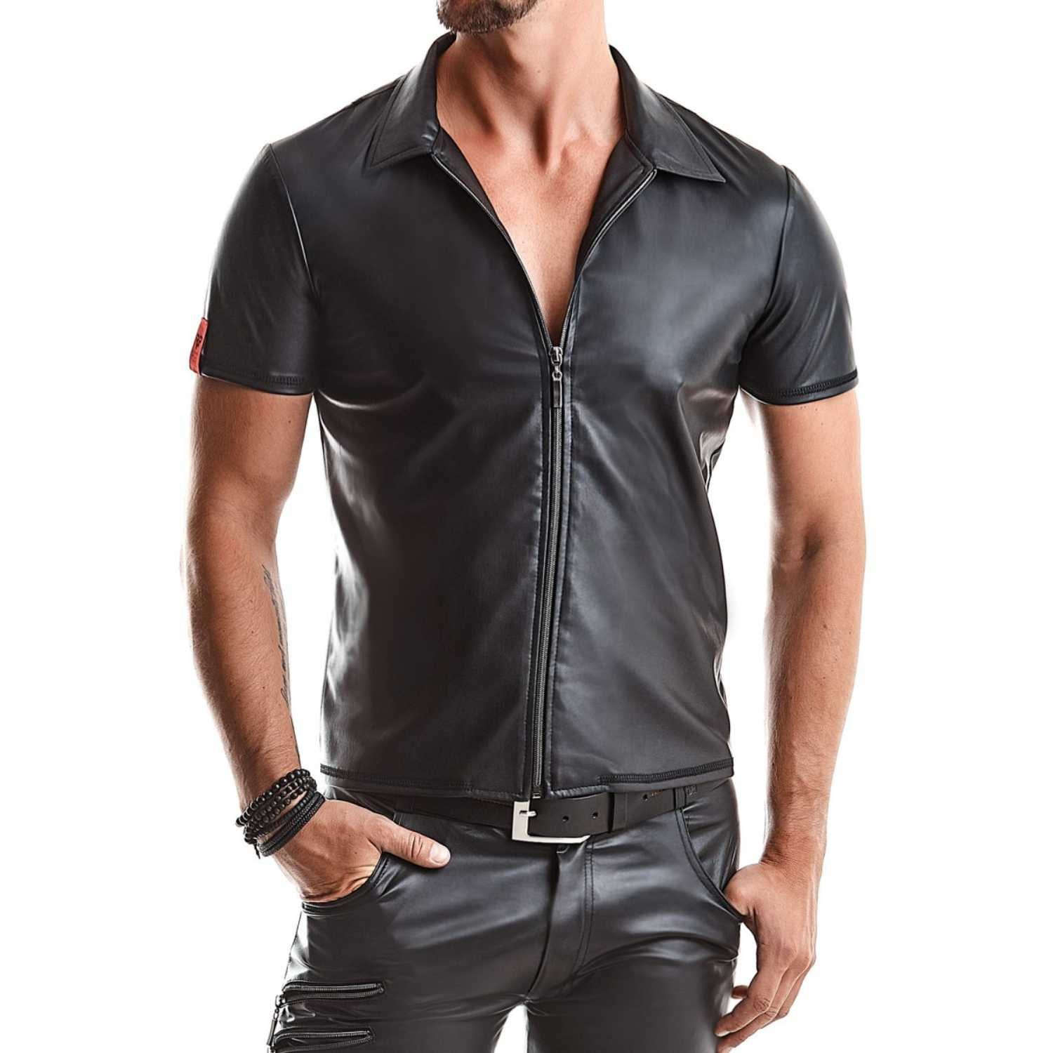 Regnes Fetish Planet Kurzarmhemd Remo Polo Shirt Wetlook mit Reißverschluß günstig online kaufen
