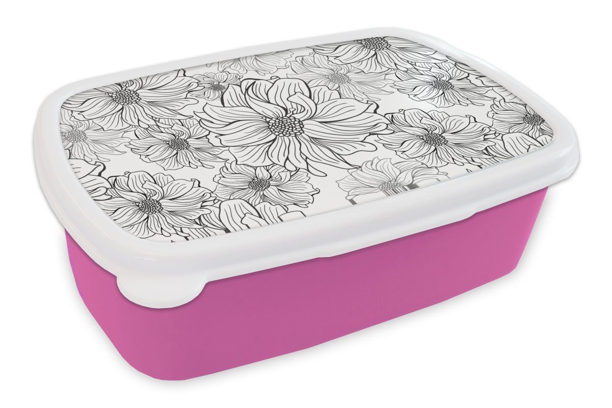 MuchoWow Lunchbox Blumen - Schwarz - Weiß - Design, Kunststoff, (2-tlg), Brotbox für Erwachsene, Brotdose Kinder, Snackbox, Mädchen, Kunststoff rosa