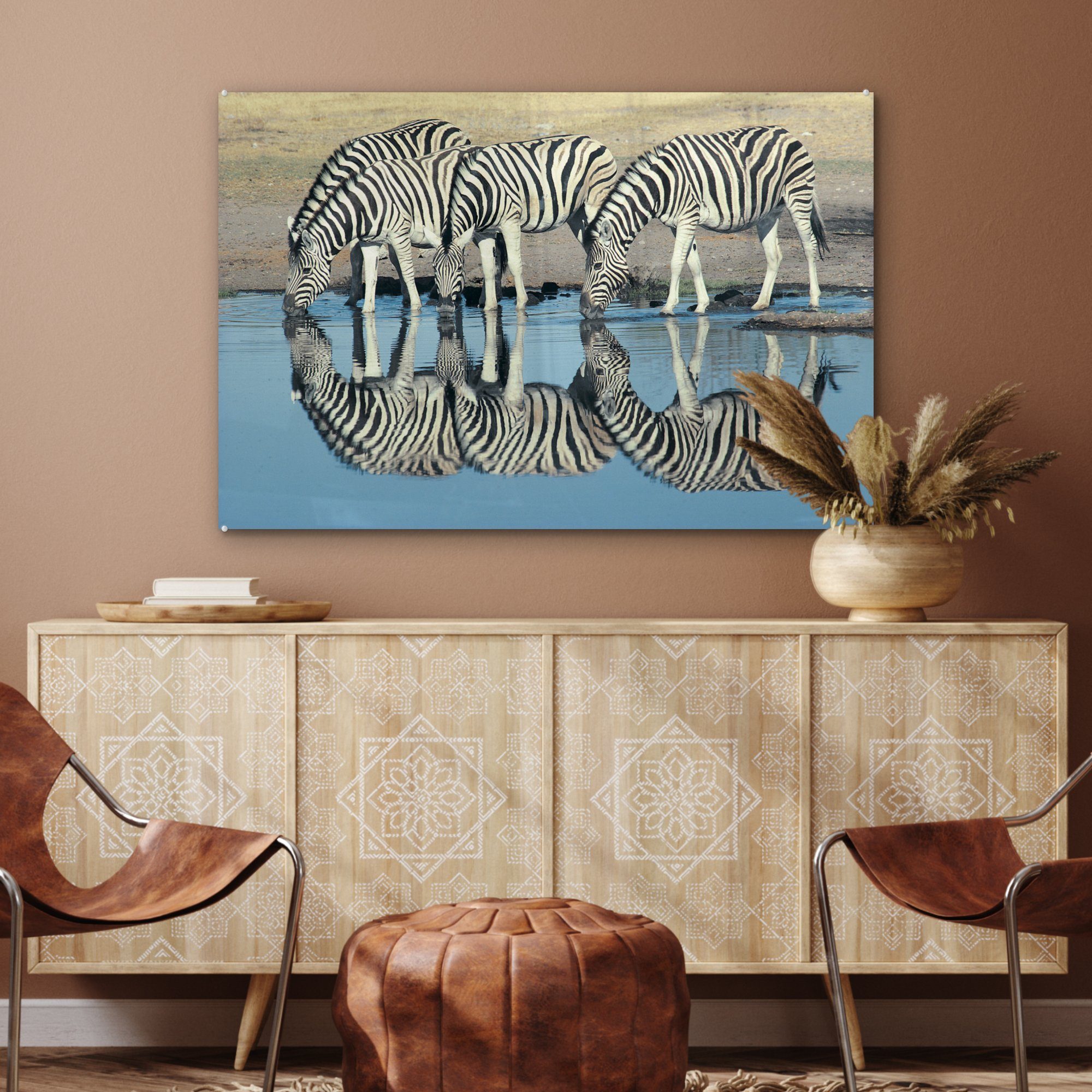 MuchoWow Acrylglasbild Zebra trinken, St), Schlafzimmer Wohnzimmer (1 Acrylglasbilder &