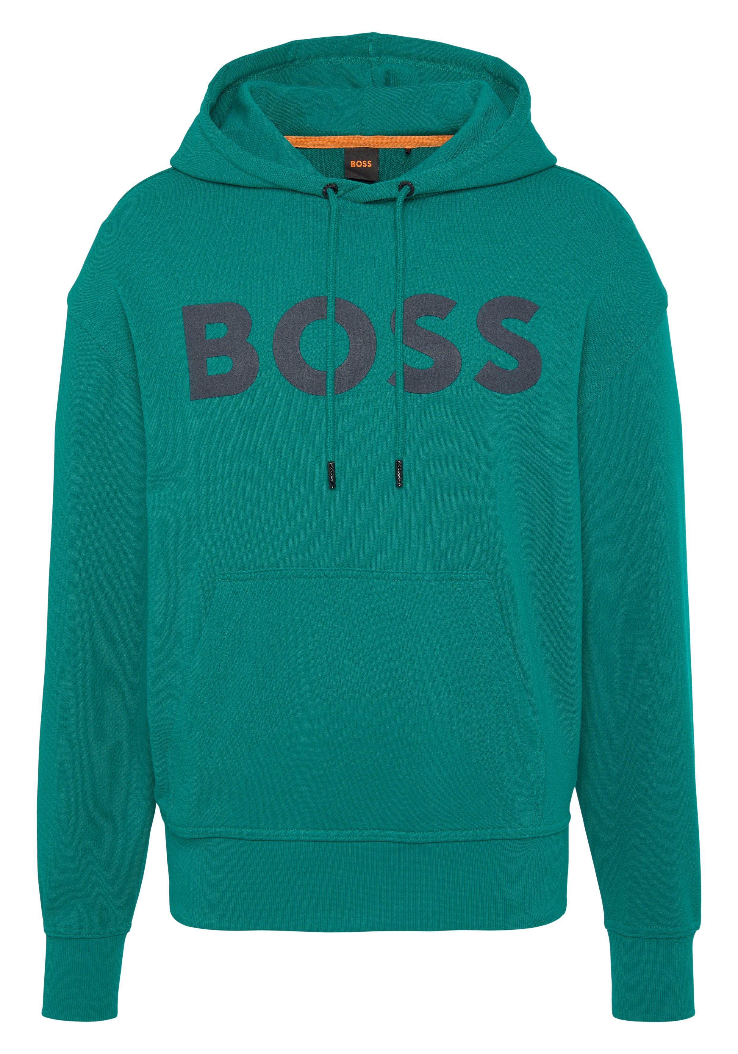 Sweatshirt BOSS mit WebasicHood Dark ORANGE Print der auf Green Brust großem BOSS