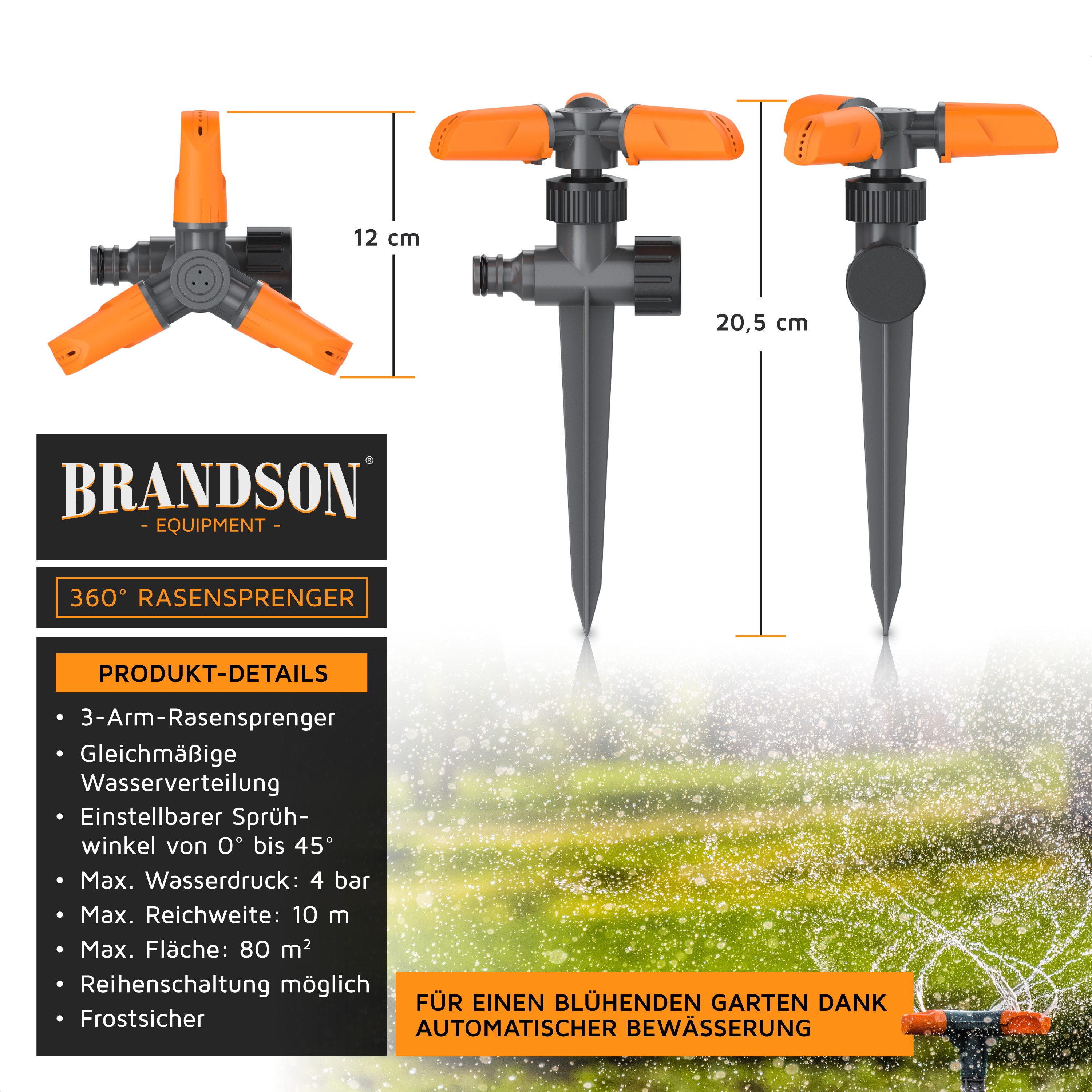 Brandson Kreisregner Garten Sprinkler, 360° Rasensprenger, 3 Arm Rasensnsprikler rotierend, für Flächen bis 80 m², 21 cm lang, (1-St), 15 Strahldüsen, 10 m Reichweite, bis 80 m² Fläche, Gardena kompatibel