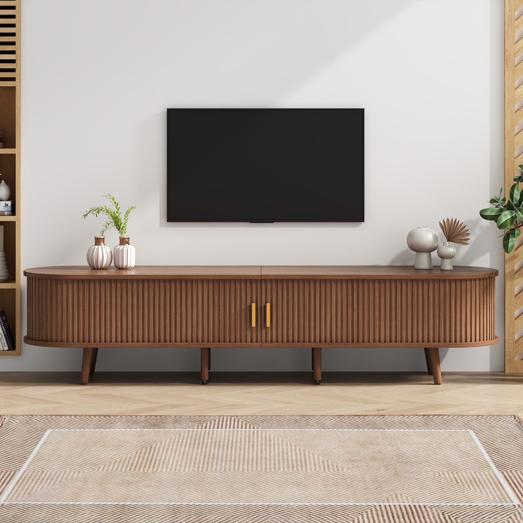 Merax Lowboard mit Massivholzfüßen, Ovaler Fernsehschrank (1 St., 175x40x42 cm), TV-Schrank mit 2 Schubladen, Schiebetüren & verstellbaren Trennwänden – Bild 2 von 5