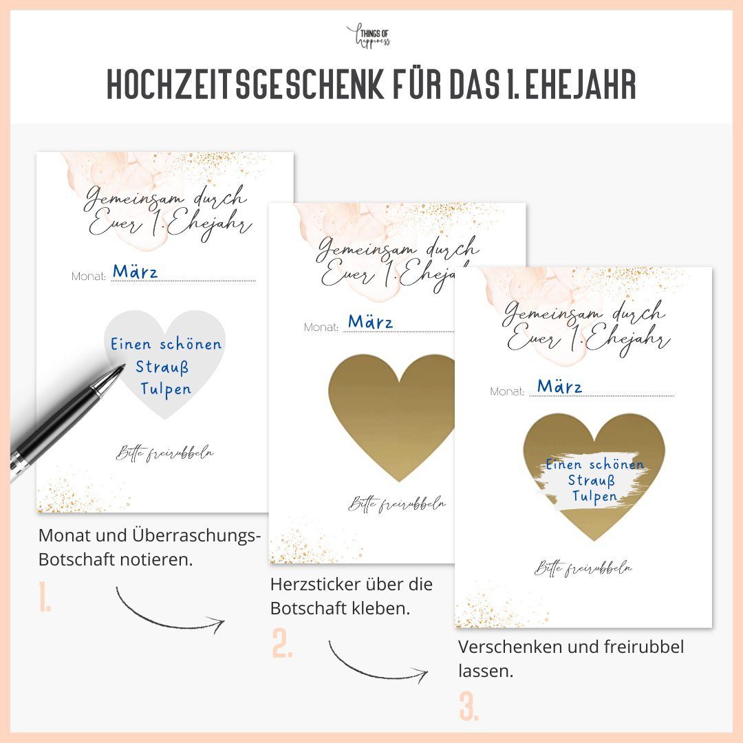 Things of Happiness Geschenkkarte Hochzeitsgeschenk “Gemeinsam durch Euer 1. Jahr", Hochzeitsspiel, 12 Rubbelkarten als Gutscheine für das Brautpaar
