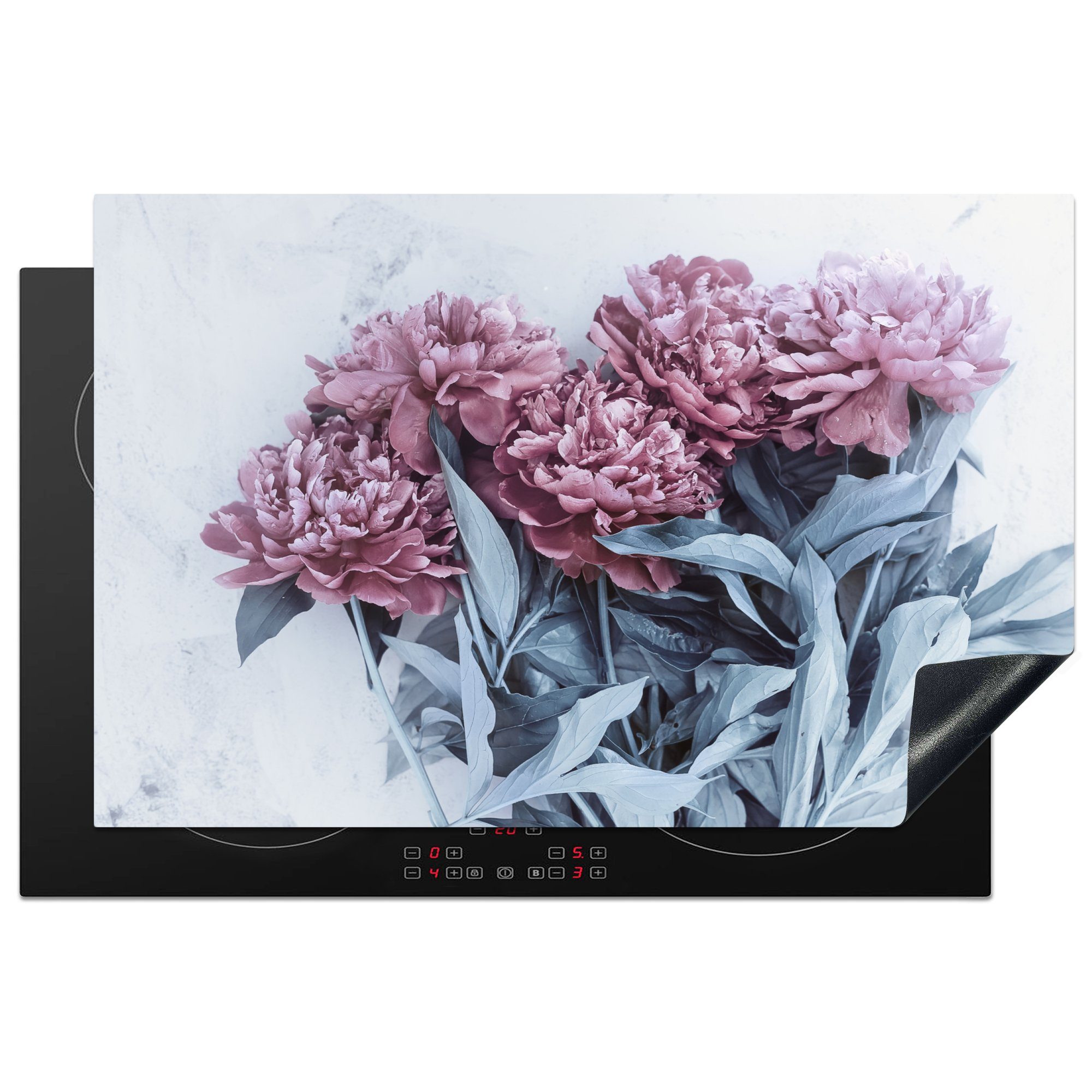 MuchoWow Herdblende-/Abdeckplatte Rosa für Marmor, die 81x52 cm, Ceranfeldabdeckung (1 Vinyl, Schutz Induktionskochfeld tlg), küche, Pfingstrosen auf