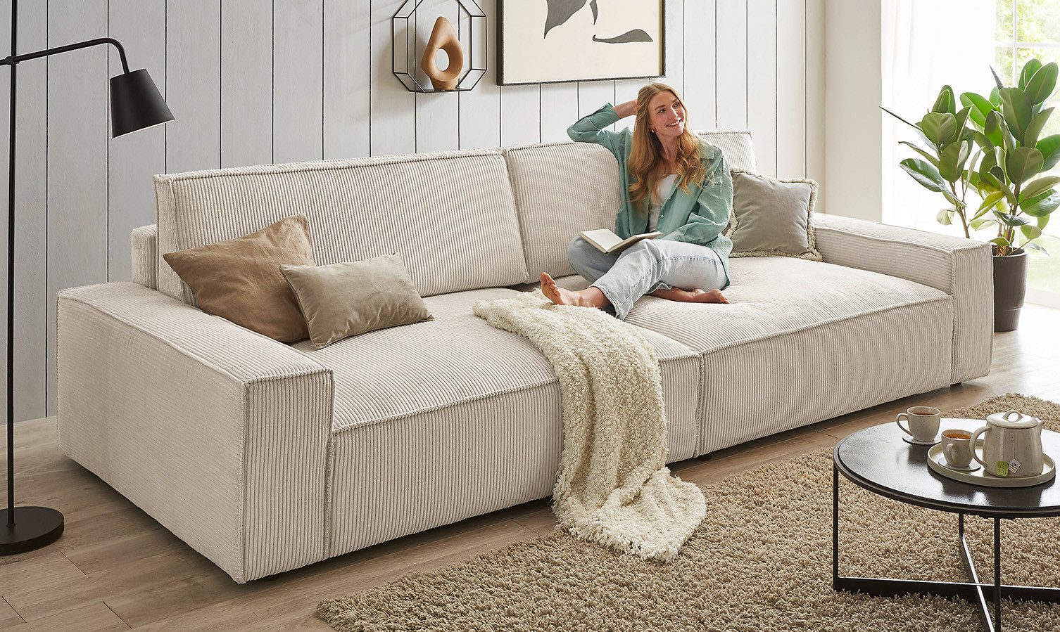 OTTO home Big-Sofa SHERWOOD XXL Cord, Big-Sofa (316cm), extra tiefe Sitzfläche 95 cm, bequemer Sitzkomfort, Cord u. Leinenoptik, Kedernaht