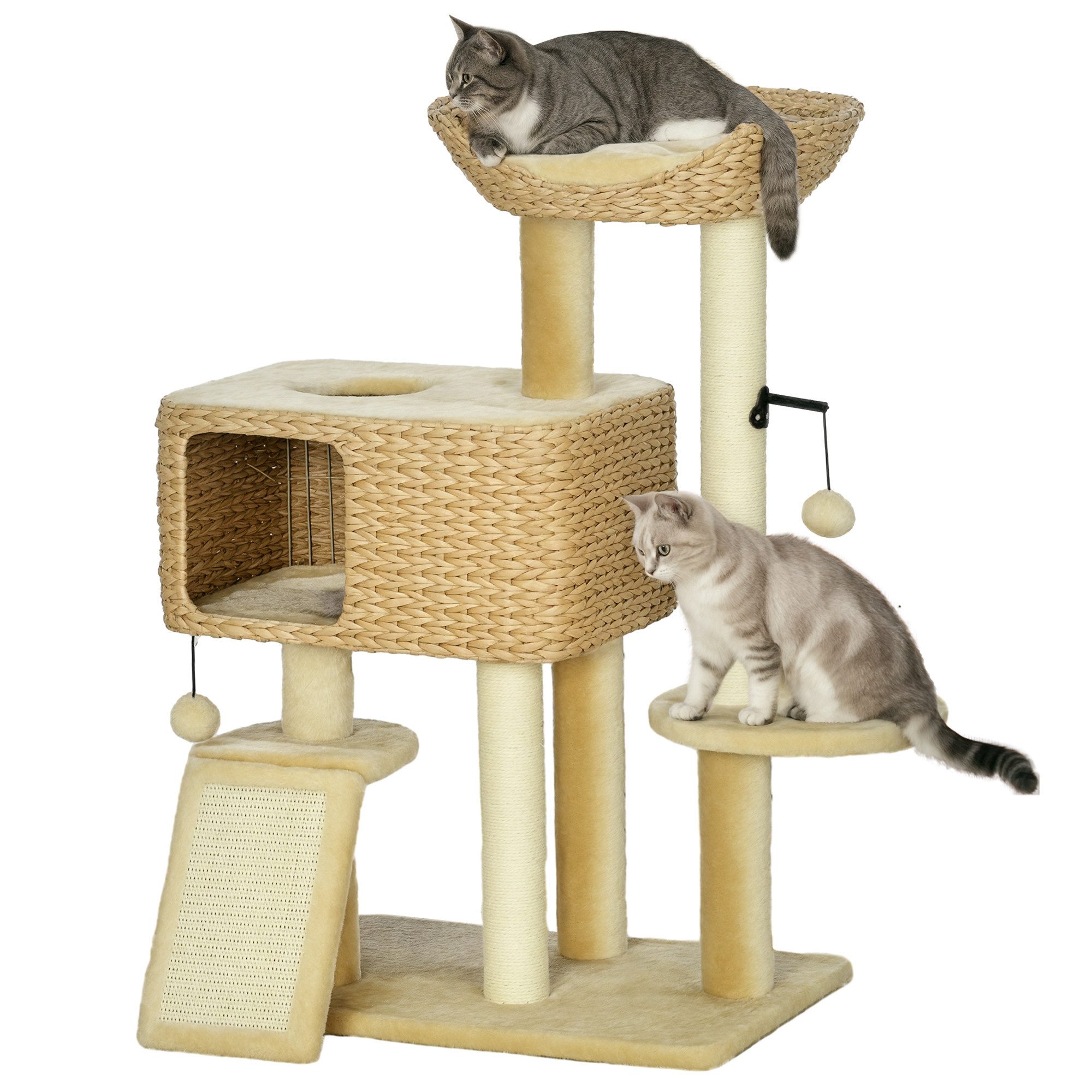 PawHut Kratzbaum Katzenturm mit 2 Liegeflächen, Höhle, Kratzbaum, Wasserhyazinthe, Sisal, Beige, 60 x 40 x 98 cm