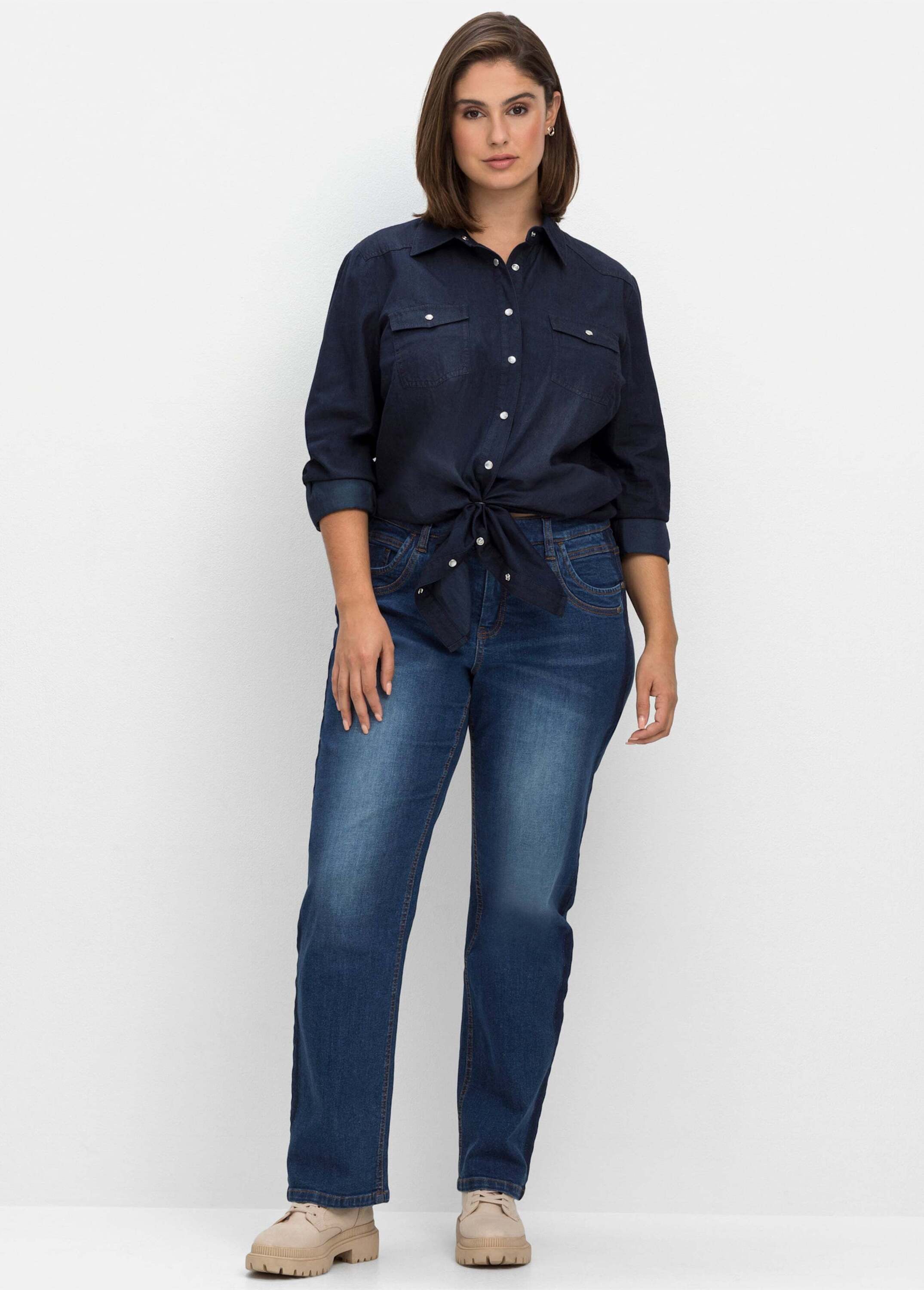 Sheego Klassische Bluse Jeansbluse Langarm