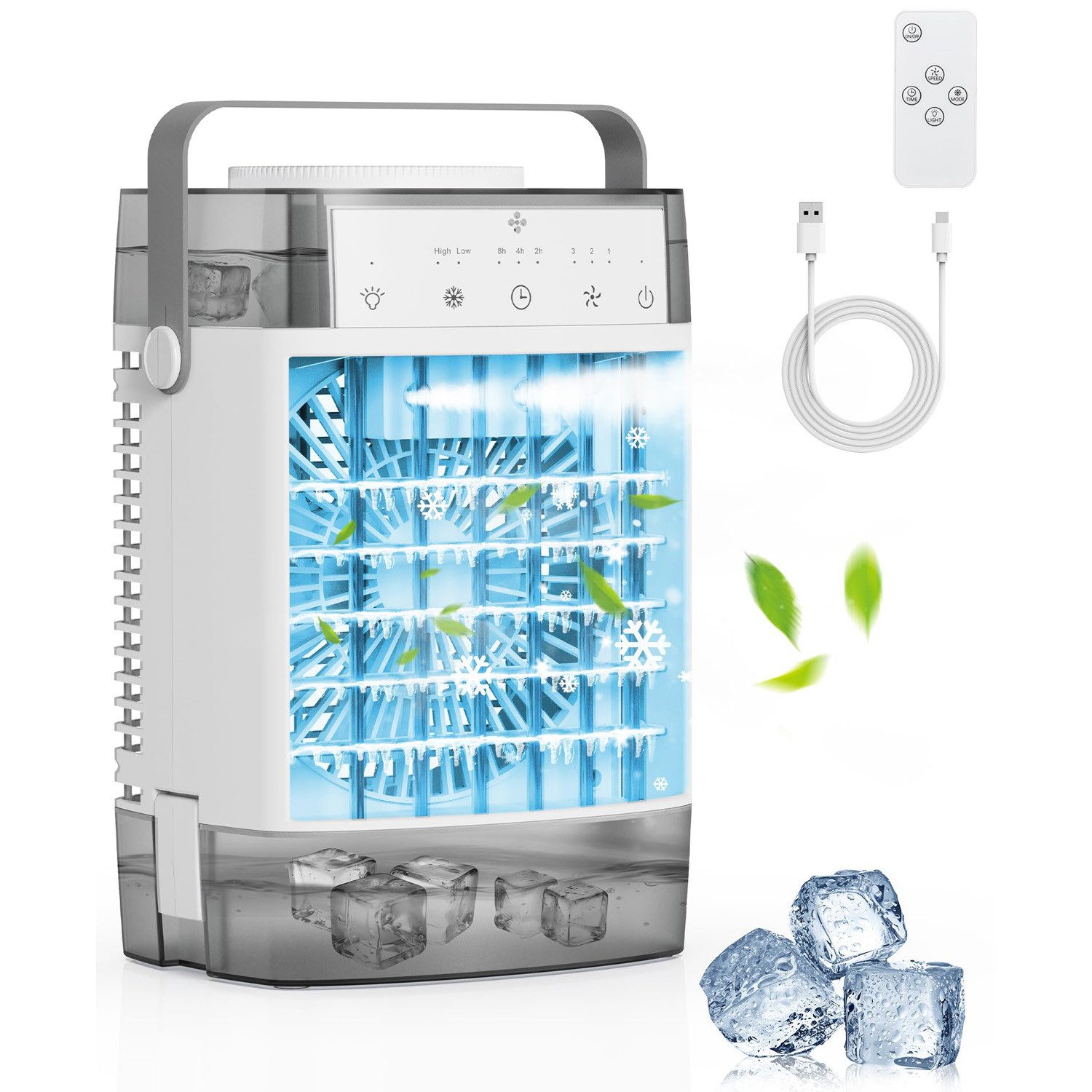 MOPUEA Ventilatorkombigerät Tragbarer Luftkühler Klimaanlage Luftbefeuchter 1000ML Wassertank, 4-in-1-Multifunktion-Kühlgebläse mit großem Fassungsvermögen