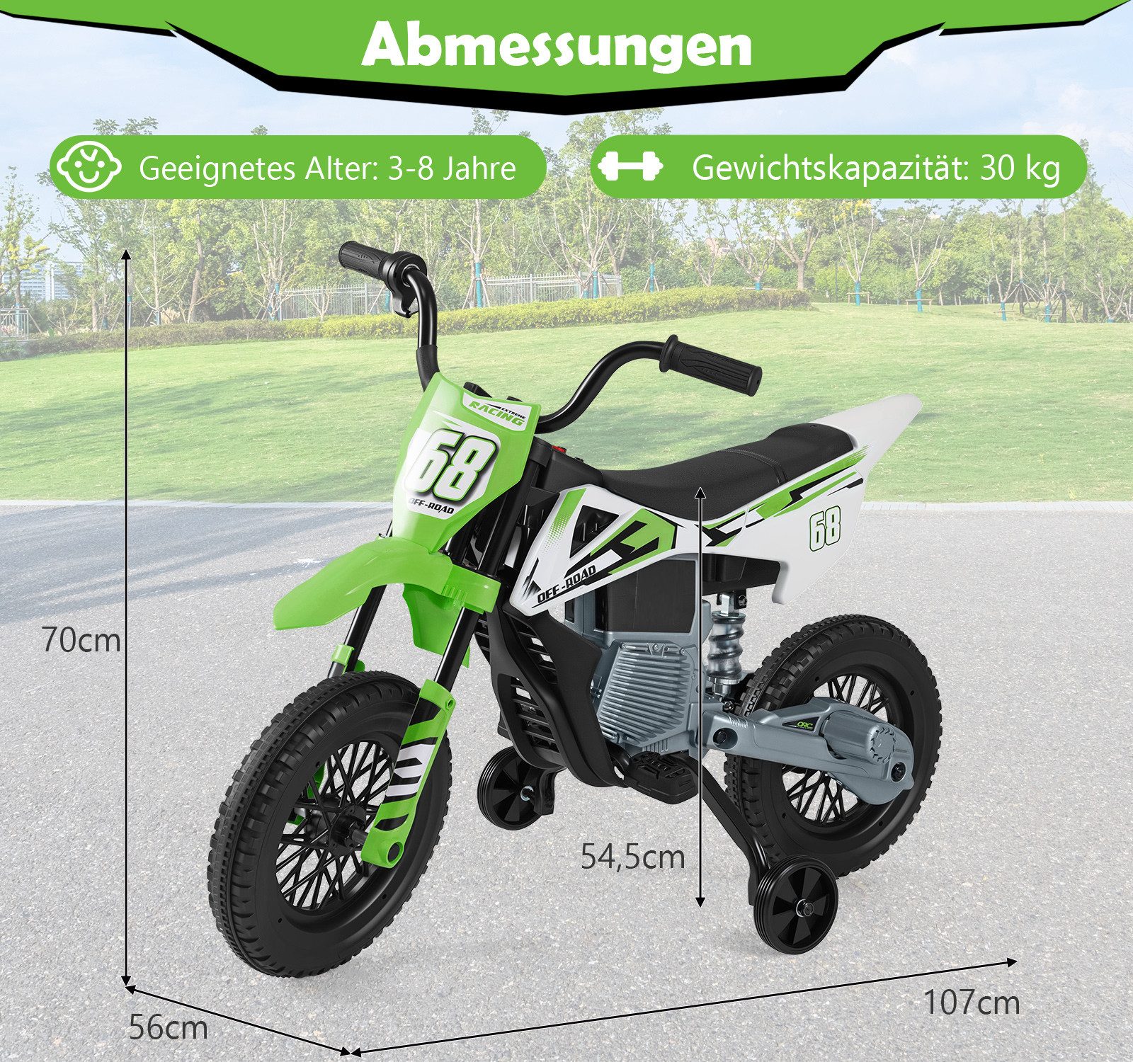 COSTWAY Elektro-Kindermotorrad, Belastbarkeit 30 kg, (1-tlg), 12V Kinder Motorrad, Eletromotorrad, mit Musik, 3-5 km/h