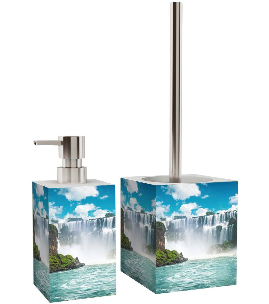 Sanilo Badaccessoire-Set Wasserfall, WC-Bürste und Seifenspender, 2 tlg., 2-tlg., auswechselbarer Bürstenkopf, stabile Pumpe, hochwertig & modern