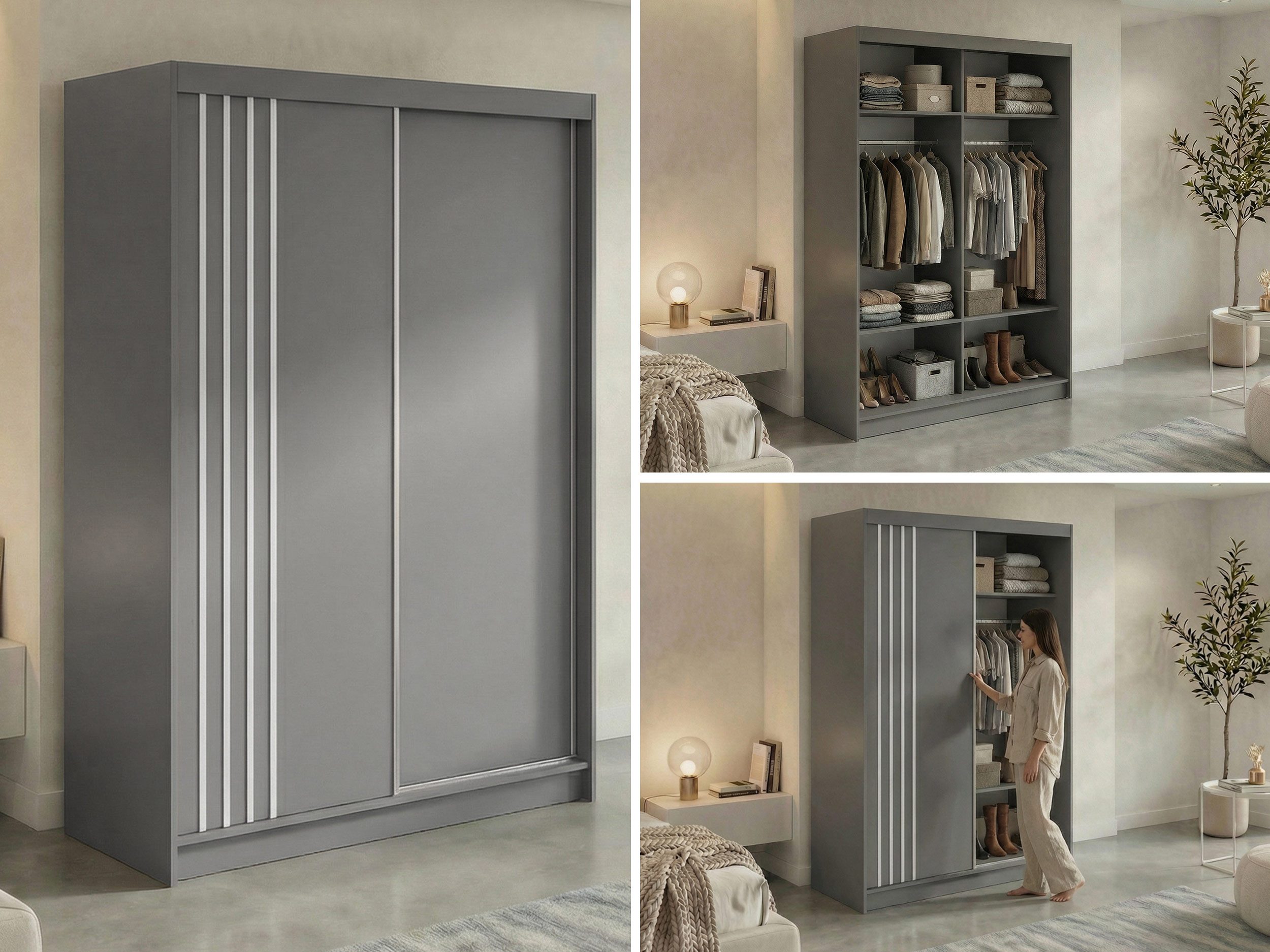 MKS MÖBEL Schiebetürenschrank NAURU 150 (mit Einlegeböden, Garderobenschrank Inkl. Kleiderstange) Schwebetürenschrank 150 cm breite, Kleiderschrank mit Lamellen