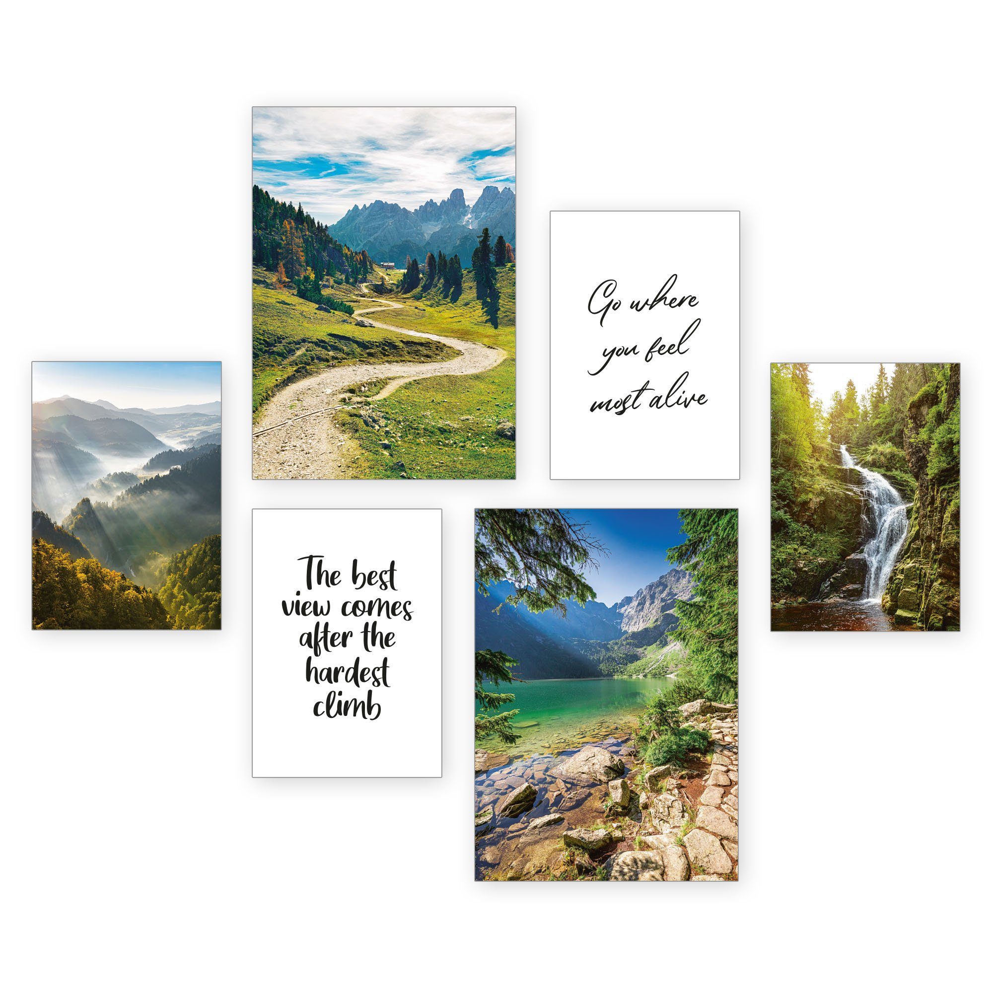 Kreative Feder Poster, Natur, Landschaft, Berge, Reisen, Wasserfall, See (Set, 6 St), 6-teiliges Poster-Set, Wandbild, Posterwand, optional mit Rahmen