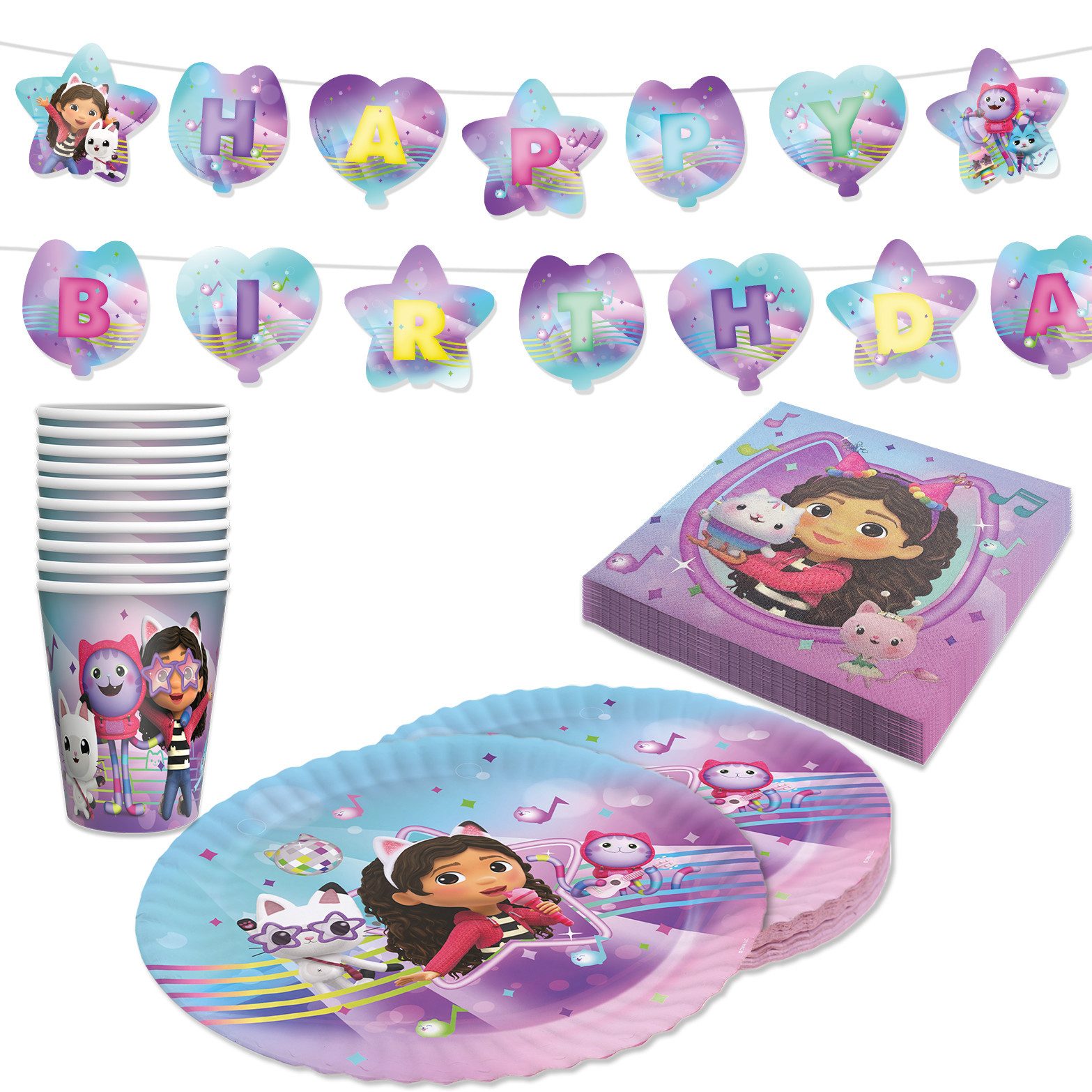 Party Factory Kindergeschirr-Set Gabbys Dollhouse Partyset 37-tlg – Geschirr, Servietten & Wimpelkette (37-tlg)