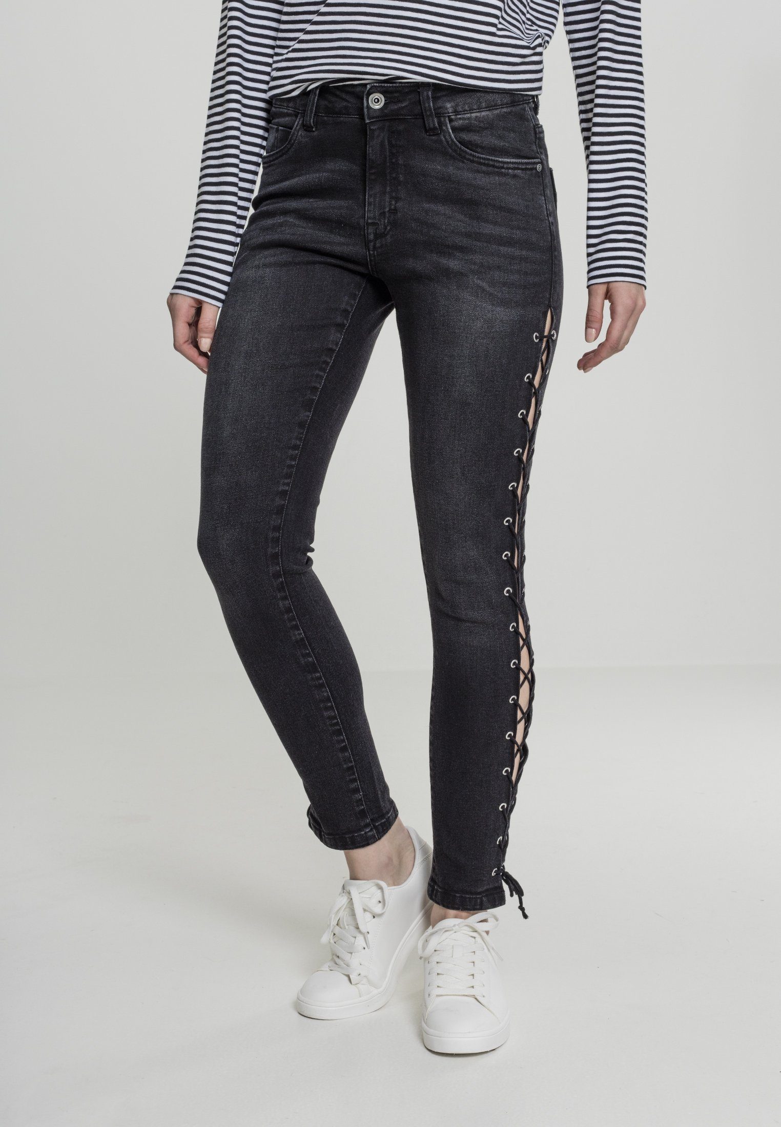 URBAN CLASSICS Bequeme Jeans Damen Ladies Denim Lace Up Skinny Pants (1-tlg) blackwashed | 