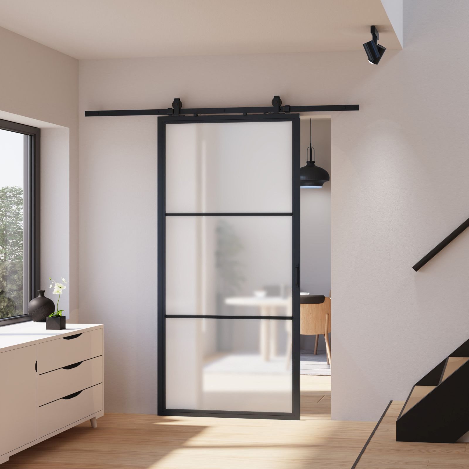 inova wohnen Glasschiebetür Milchglas mit schwarzem Stahlrahmen (Komplett Set, inkl. offener Laufschiene und Bügelgriff), beidseitiger Softclose, Loftstyle