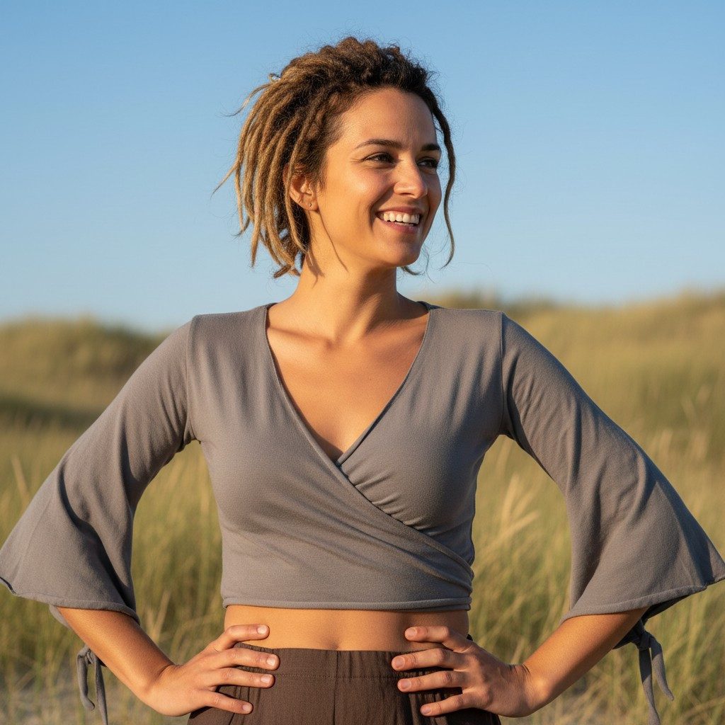 Guru-Shop T-Shirt Elfen Top, Top Goa-chic, Wickeltop - taubengrau Festival, Ethno Style, alternative Bekleidung