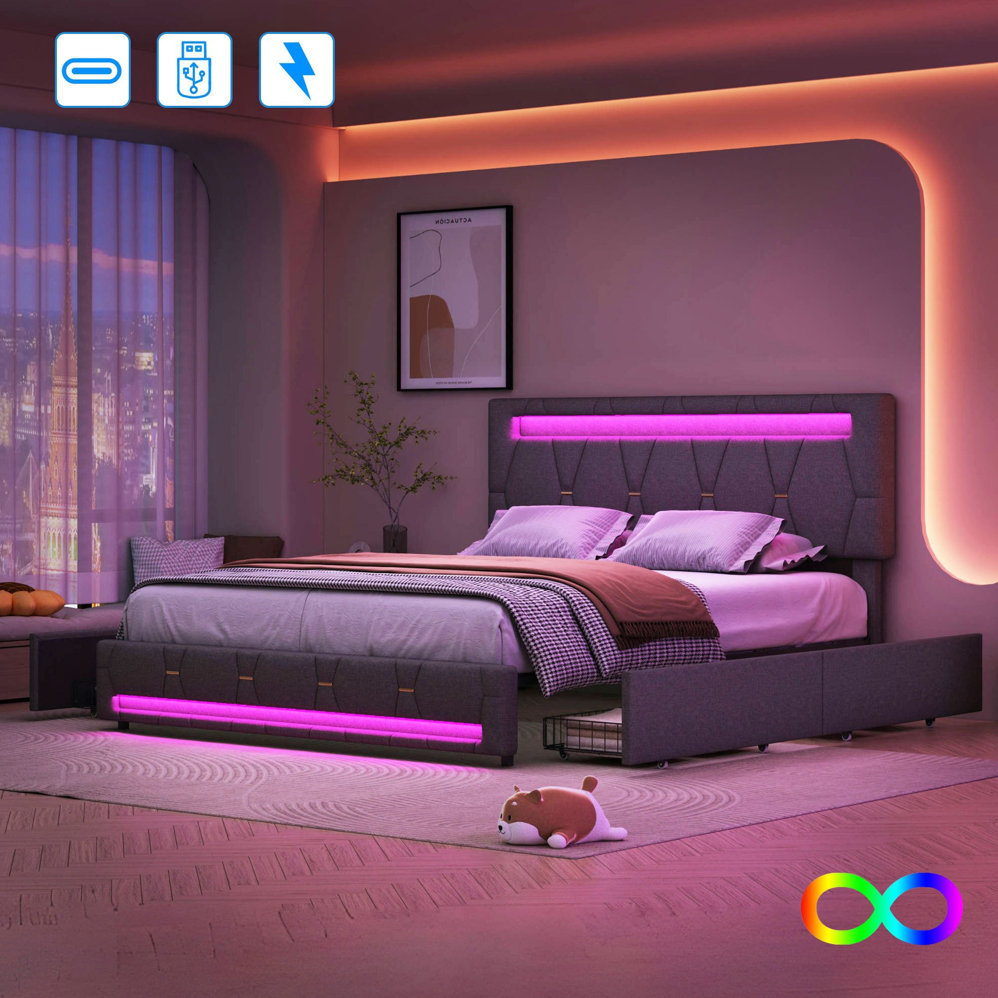 Furnishings Home Polsterbett Stauraumbett Doppelbett (Mit LED Beleuchtung, günstig online kaufen