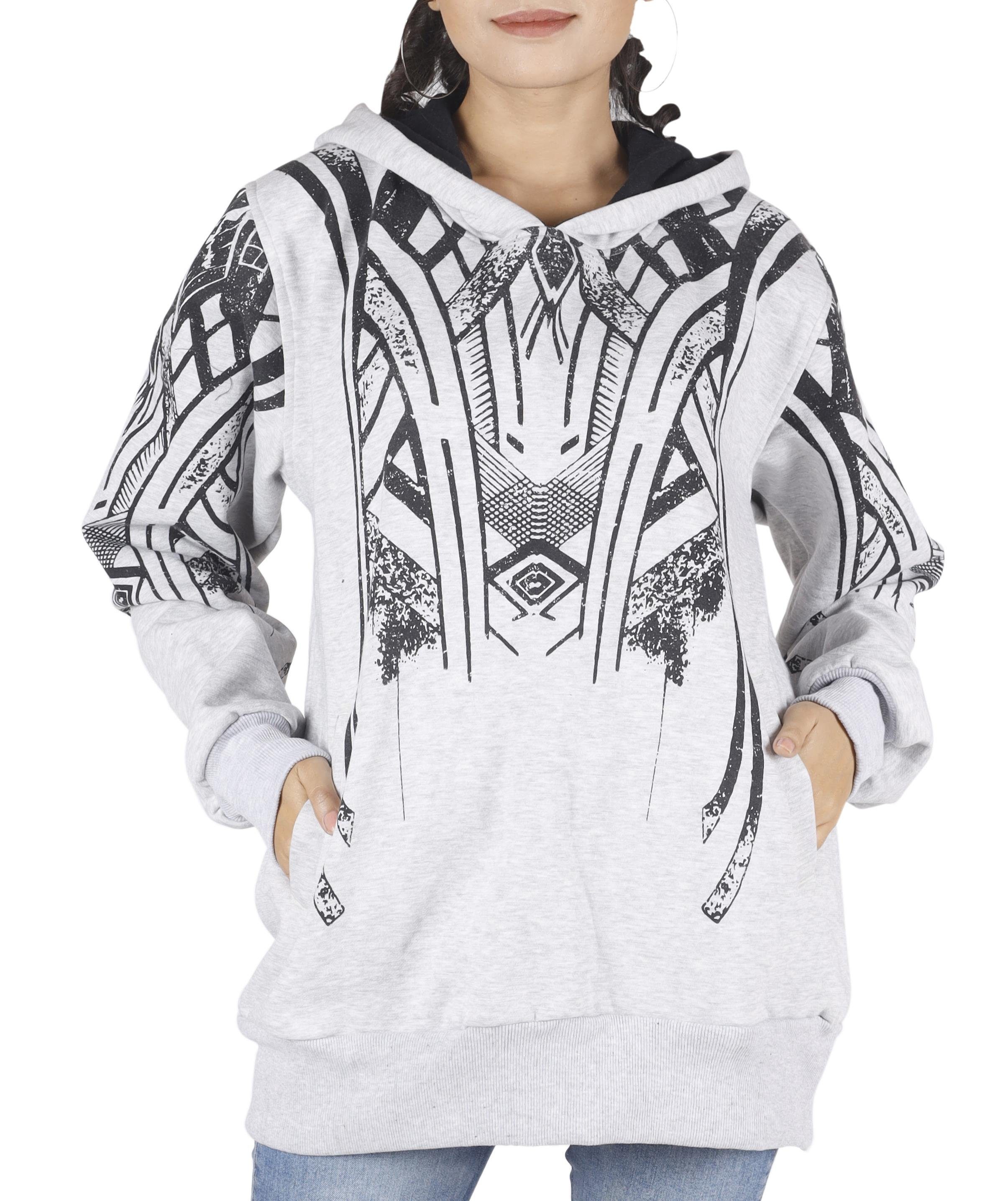 Guru-Shop Langjacke Goa Festival Hoody mit Tribal Print,.. alternative Bekleidung grau