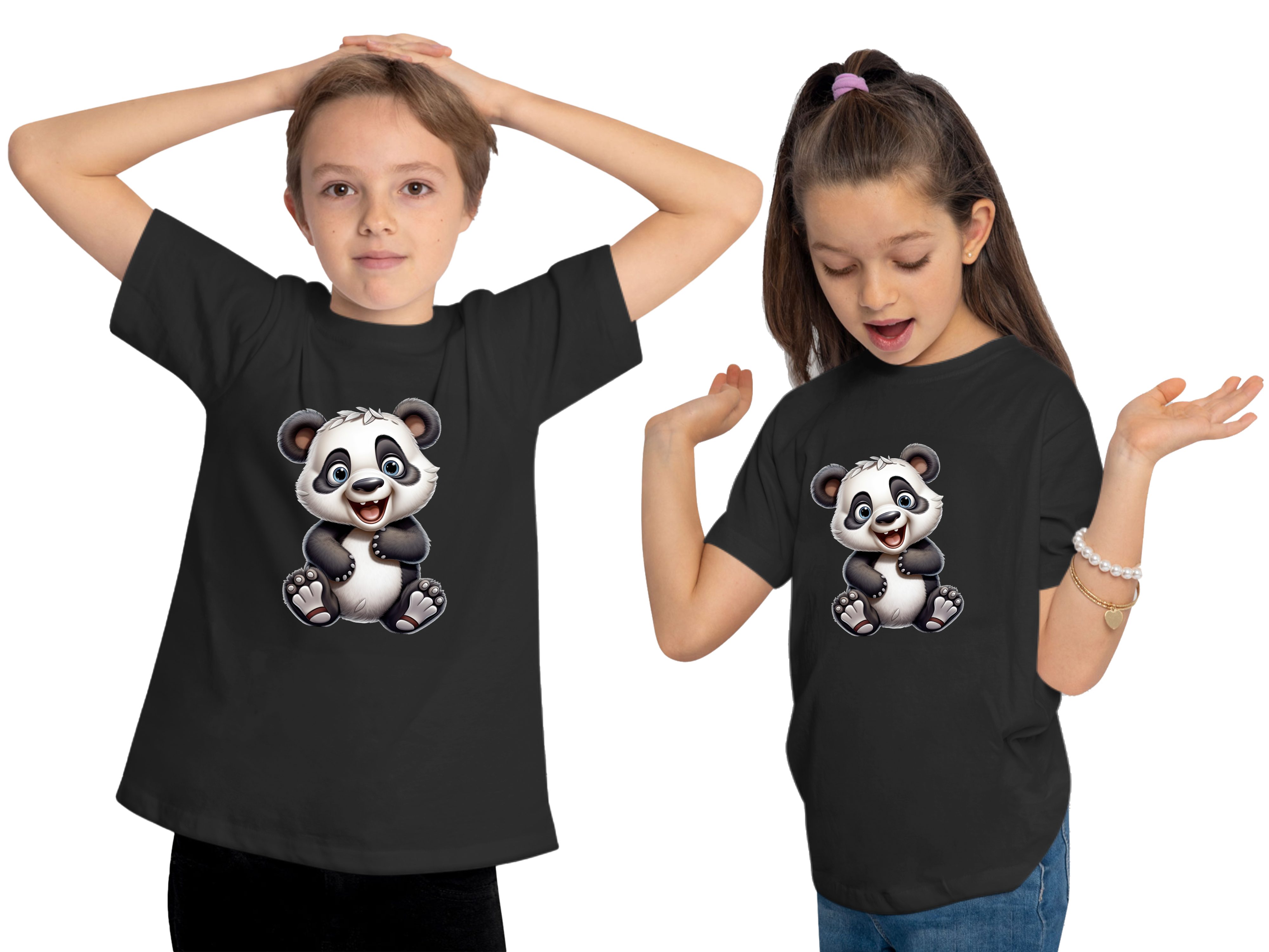 MyDesign24 T-Shirt Kinder Wildtier Print bedruckt Bär mit Baumwollshirt Shirt Panda i277 - Aufdruck, Baby schwarz