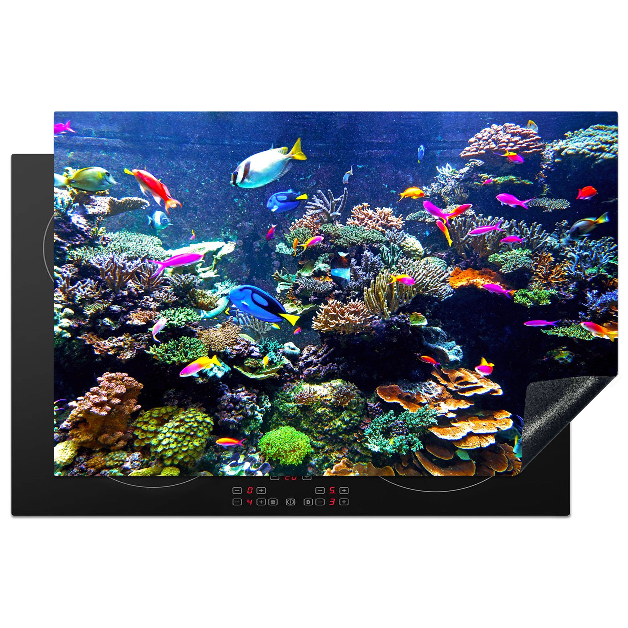 MuchoWow Herdblende-/Abdeckplatte Koralle - Fische - Aquarium, Vinyl, (1 tlg), 81x52 cm, Induktionskochfeld Schutz für die küche, Ceranfeldabdeckung