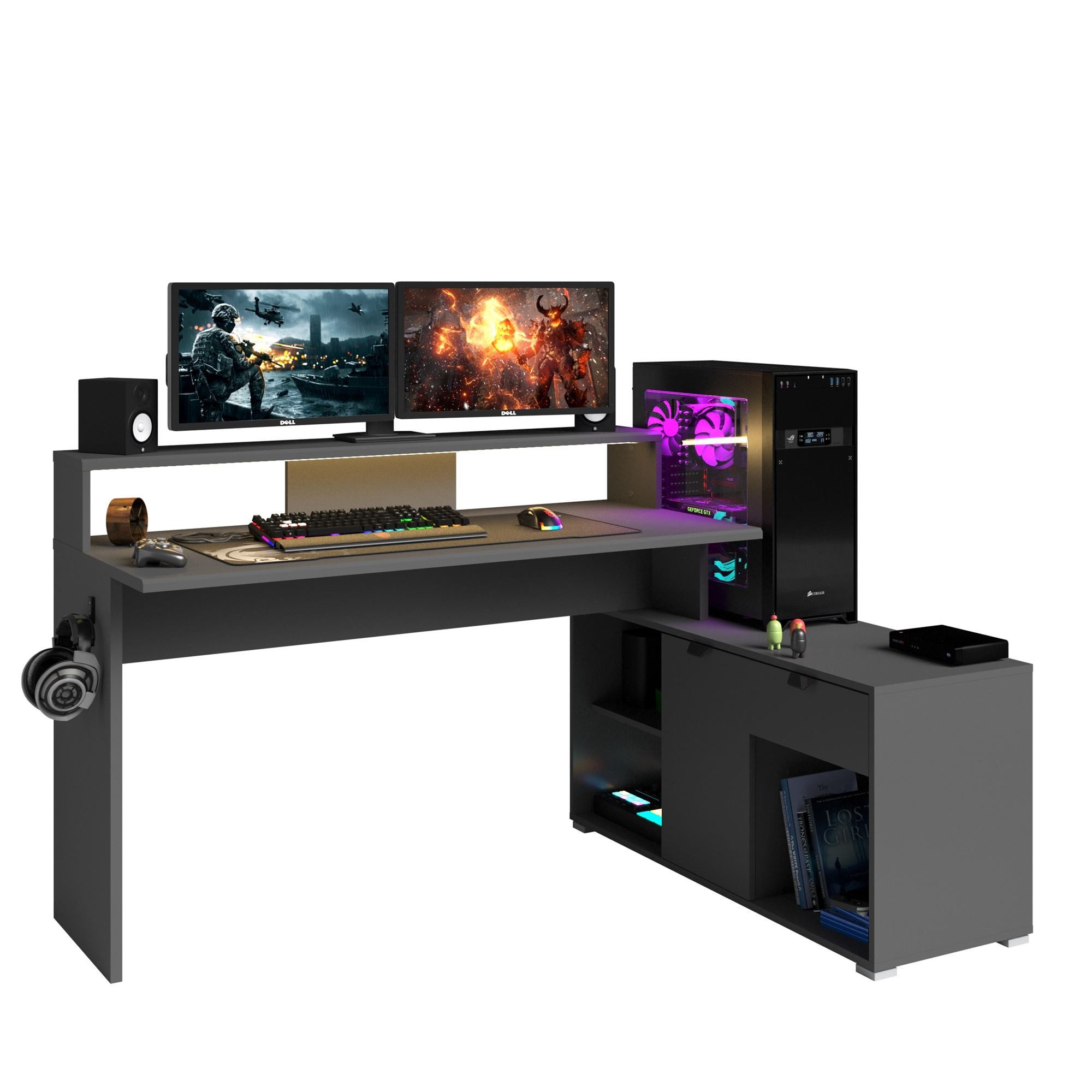 58 aufm Kessel Schreibtisch Gaming Schreibtisch Parisot Work 1-tlg. Holznachbildung Grau (inkl. Versand, Lieferung bis Verwendungsstelle), Gamer Tisch mit LED Farbwechsel auch als Ecklösung verwendbar