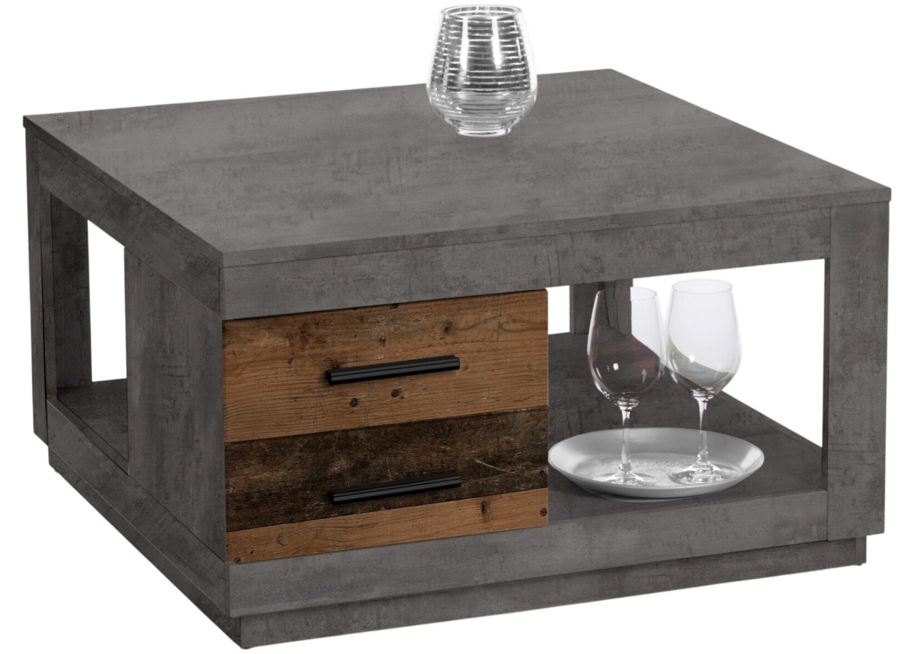 möbelando Couchtisch Fulda, 2 Schübe, betonoxid, Old Style - 80x45,6x80cm (BxHxT)