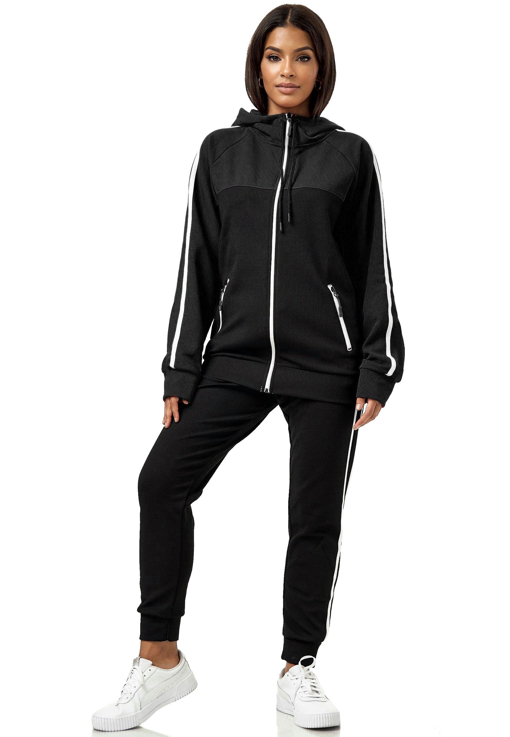 L.gonline Freizeitanzug Damen Jogginganzug Freizeitanzug Sportlich 3750 (Kapuzenjacke mit Reißverschluss, Hose, 2-tlg), mit Streifen – Bild 3 von 3