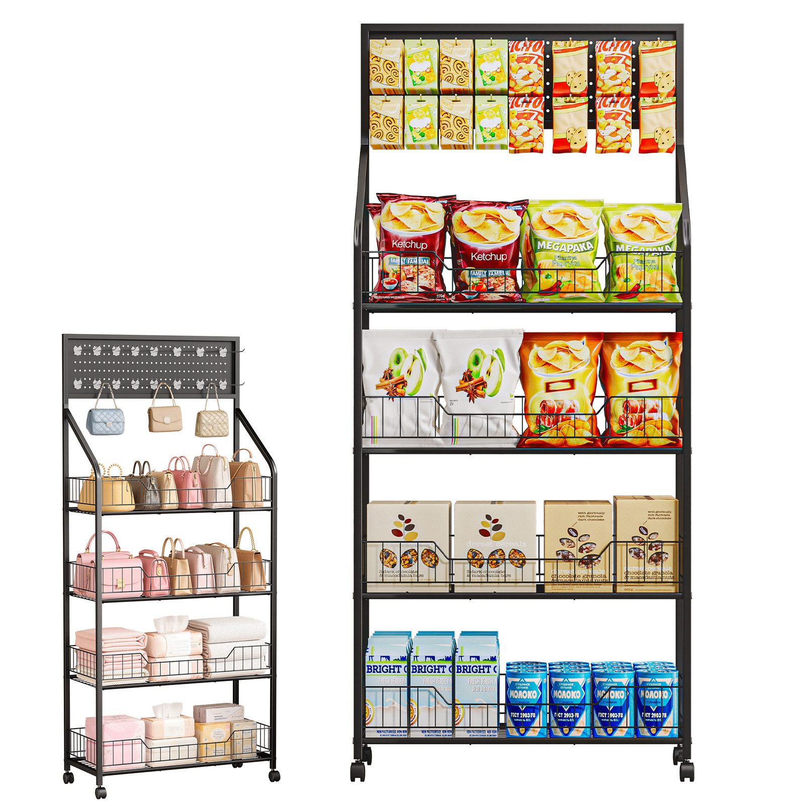 Rutaqian Beistellwagen 4 Etagen Snack-Präsentationsständer mit Rollen und 15 Haken, Kartoffelchip-Organizer-Ständer für Lebensmittelgeschäft, Geschäft