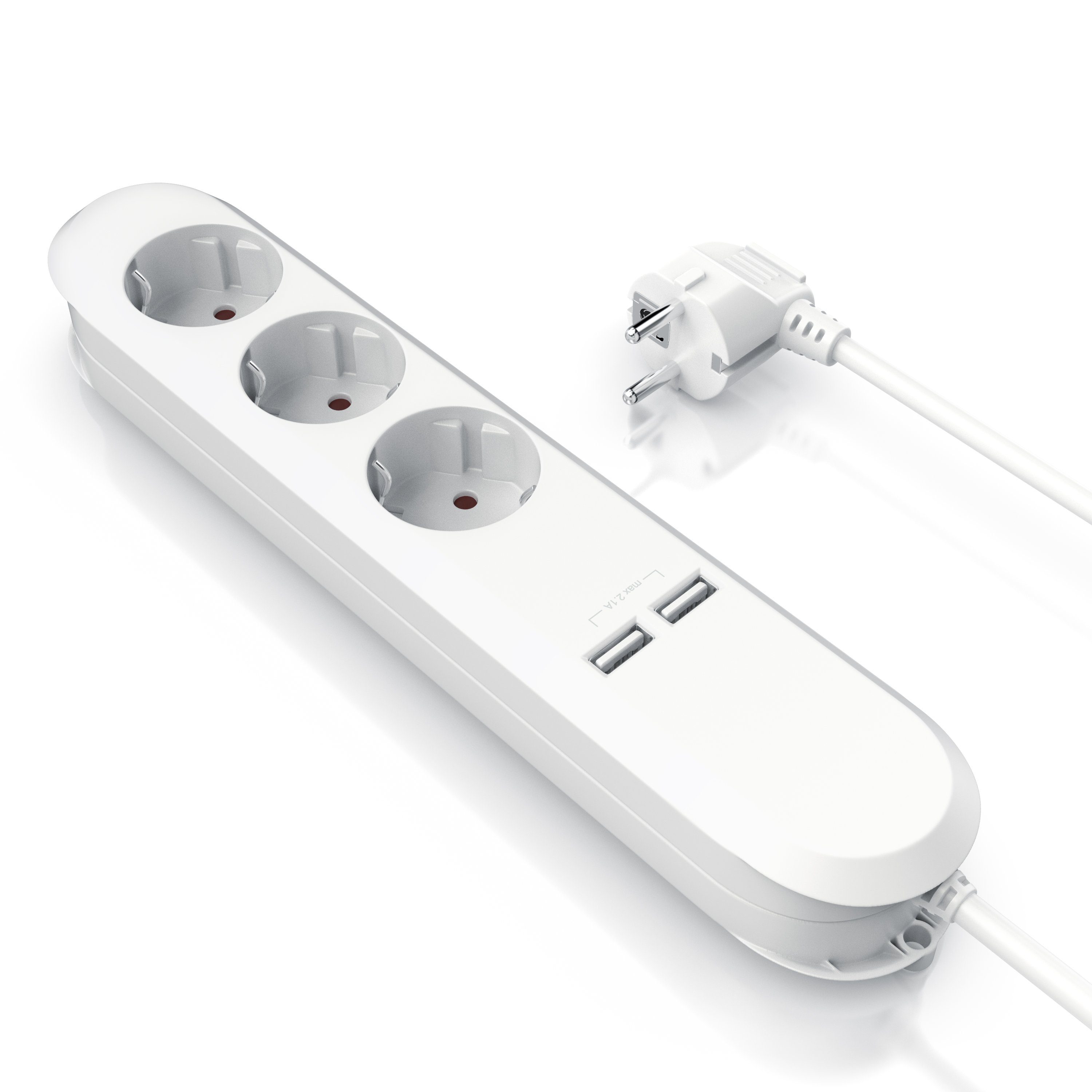 BEARWARE 3 Fach Steckerleiste mit 2X USB Ladeports, 1,5m Anschlusskabel, weiß Steckdosenleiste 3-fach (USB-Anschluss, Schutzkontaktstecker, Kindersicherung, Kabellänge 1,50 m), Mehrfachsteckdose mit Berührungsschutz, 3680W, Schuko-Schutzkontakt