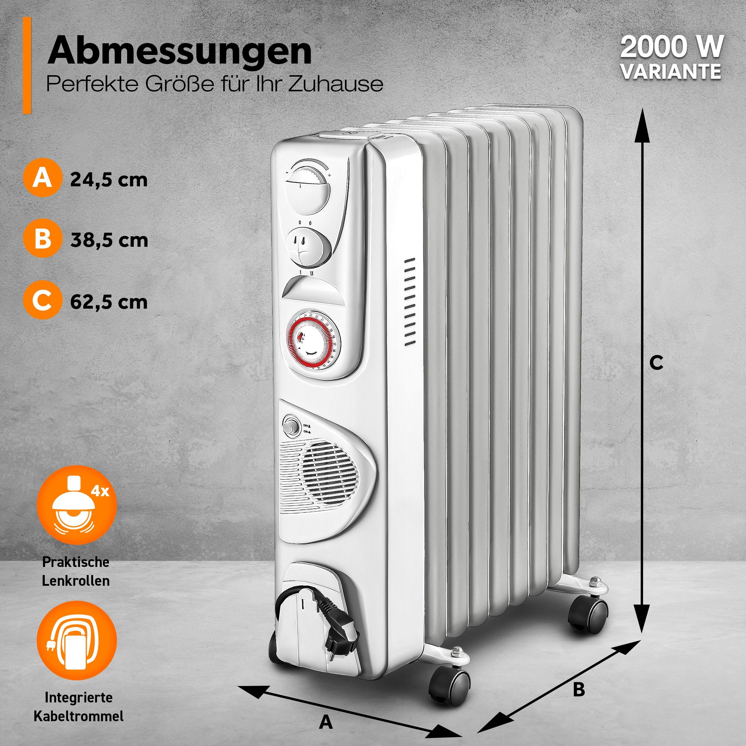 Elektroheizung Thermostat, elektrisch Weiß TRESKO Ölradiator mit 2000 Heiz-Rippen, 9 W Heizung