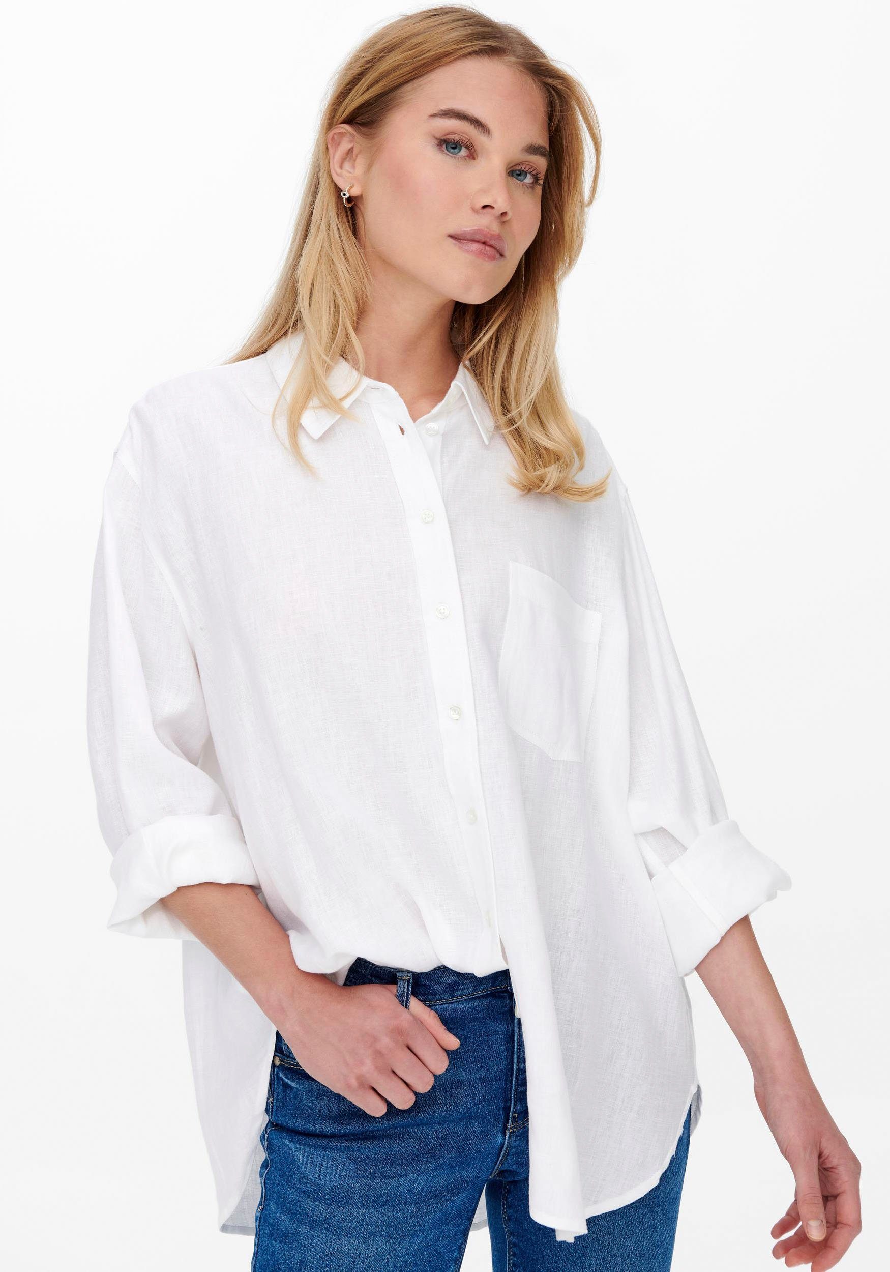 L/S ONLTOKYO white bright Leinen BLEND Longbluse ONLY SHIRT mit LINEN