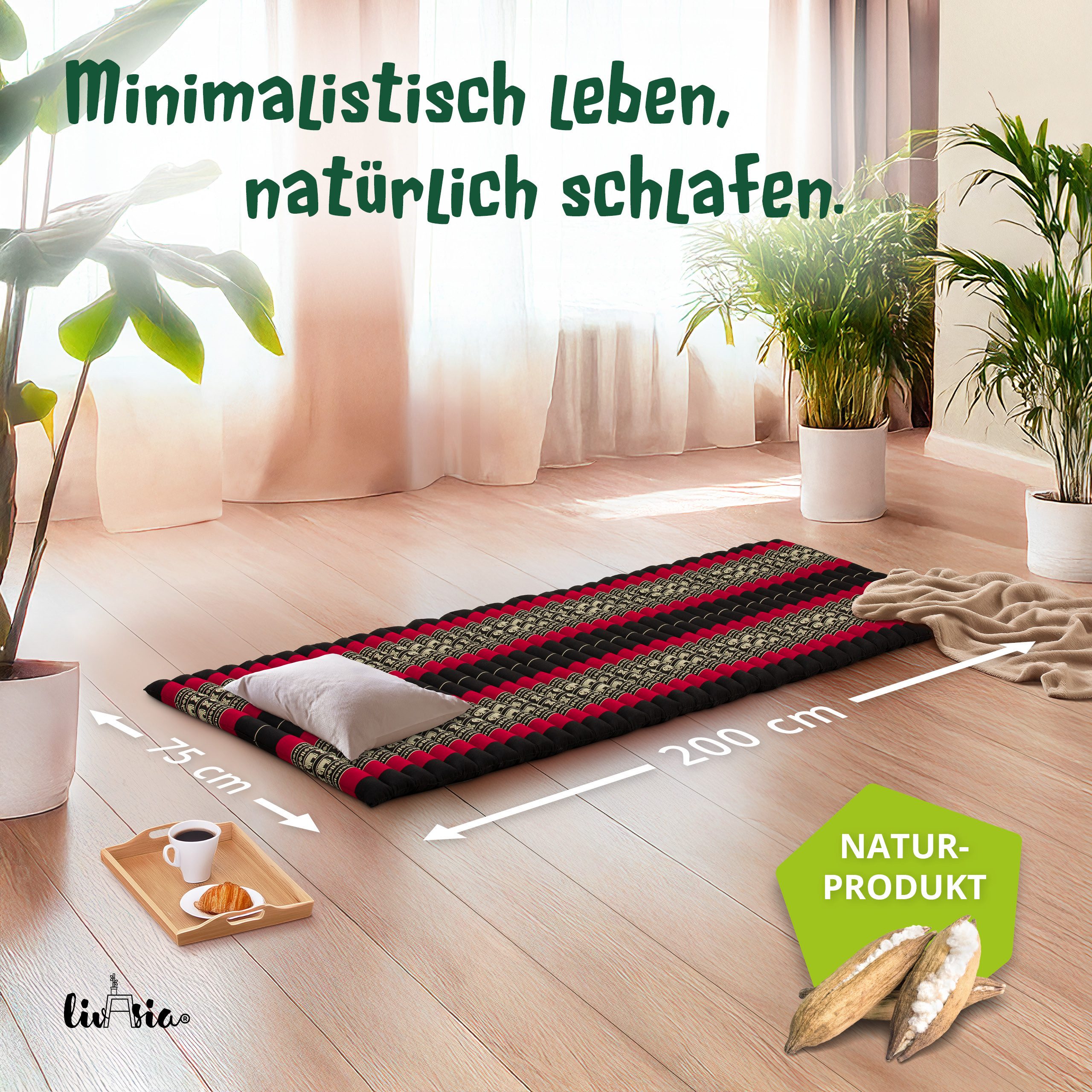 Reisebett-Matratzen Rollmatte 75 cm breit, vegan und handgefertigt, 200x75x4,5cm, livasia, 4.5 cm hoch, Kapok