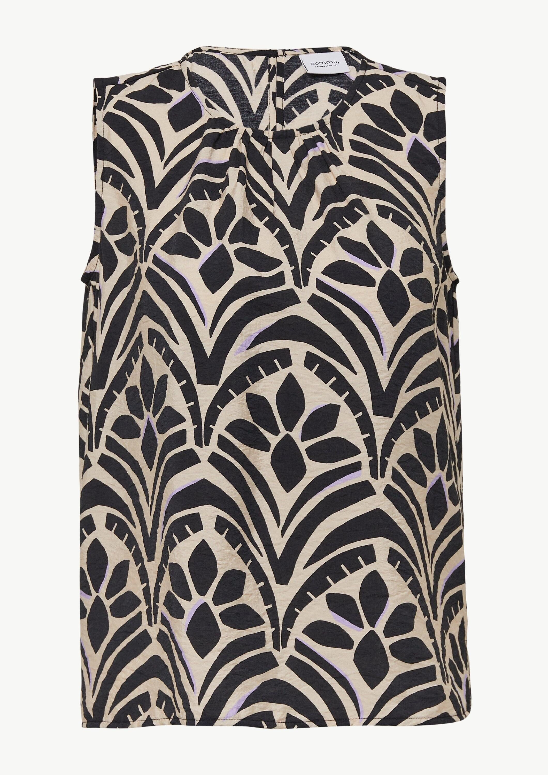 comma Blusentop Bluse Ärmellose Bluse mit Raffung und All-over-Print