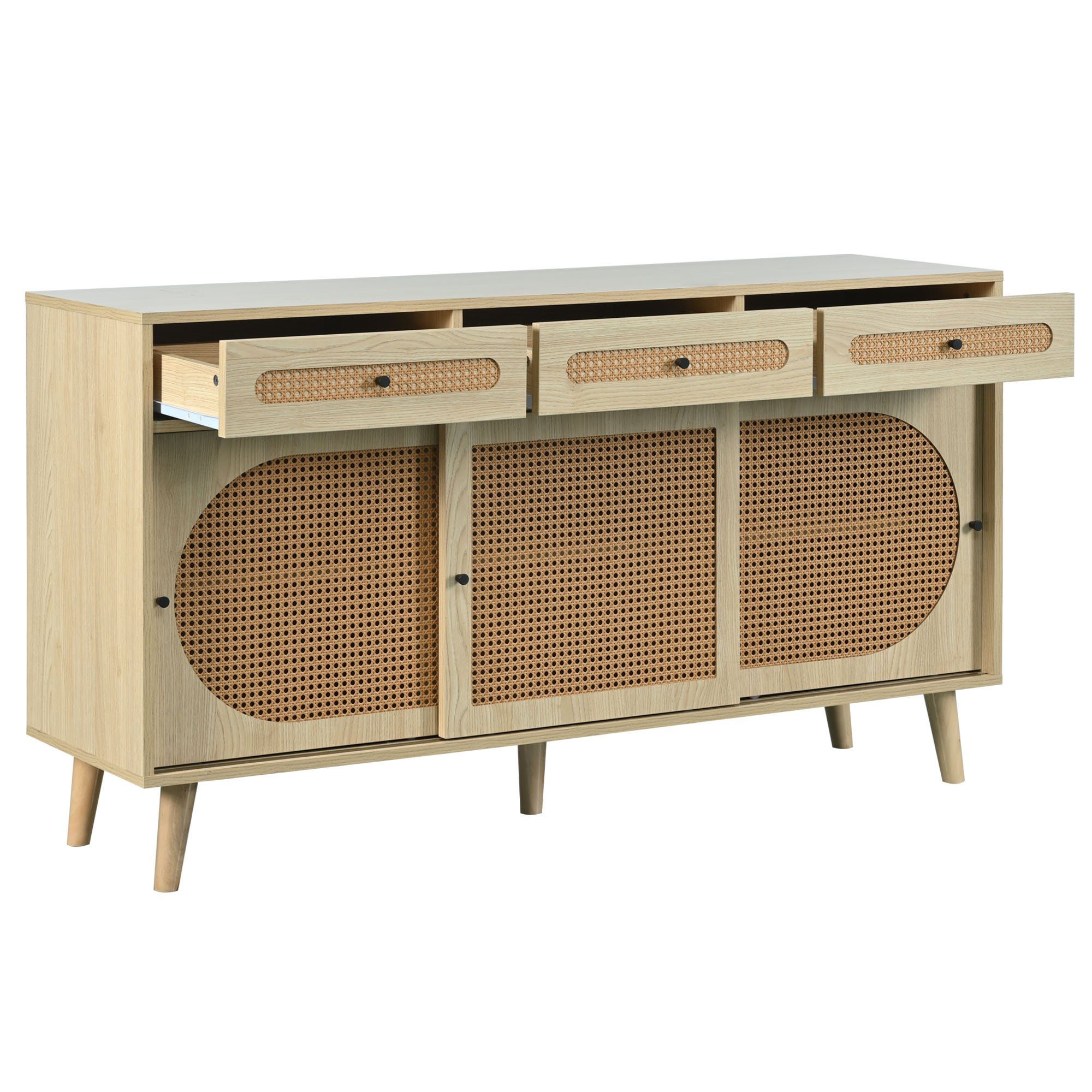 Merax Rattangeflecht, Kommode B:140cm Sideboard Anrichte, Landhausstil und TV-Board, mit 6 mit Schublade Fächer,