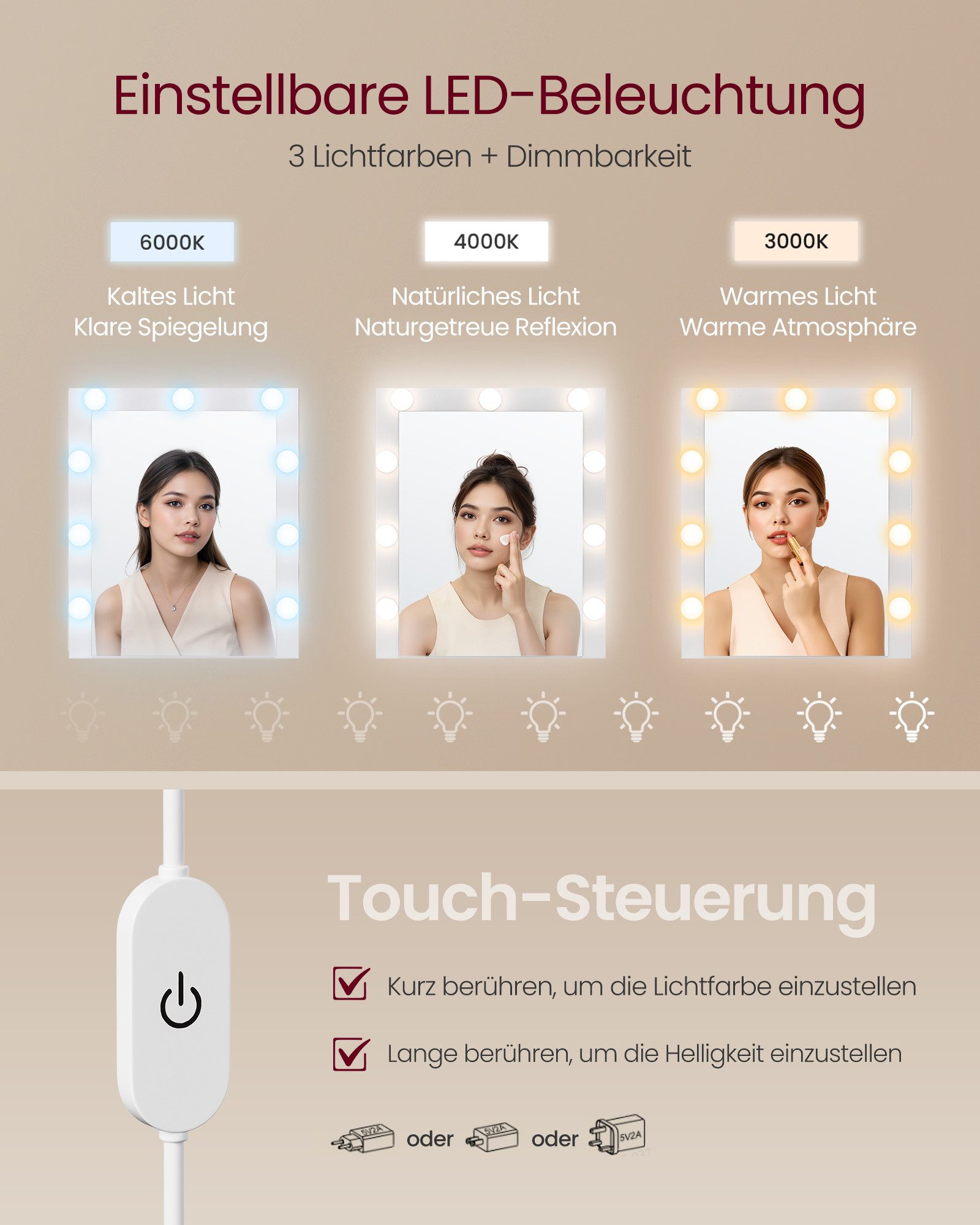 VASAGLE Schminktisch Frisiertisch mit Spiegel und LED-Beleuchtung (1 Tisch mit 1 Hocker), mit drehbare Seitenkommode, gerade oder L-förmig, mit Licht – Bild 5 von 5