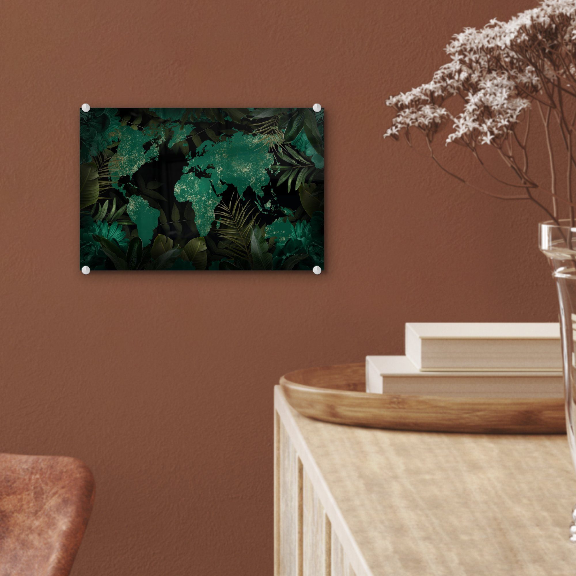 (1 Glasbilder Glas Blätter, auf - Bilder Wanddekoration - Glas - St), Grün auf - - Wandbild Foto Weltkarte MuchoWow Acrylglasbild