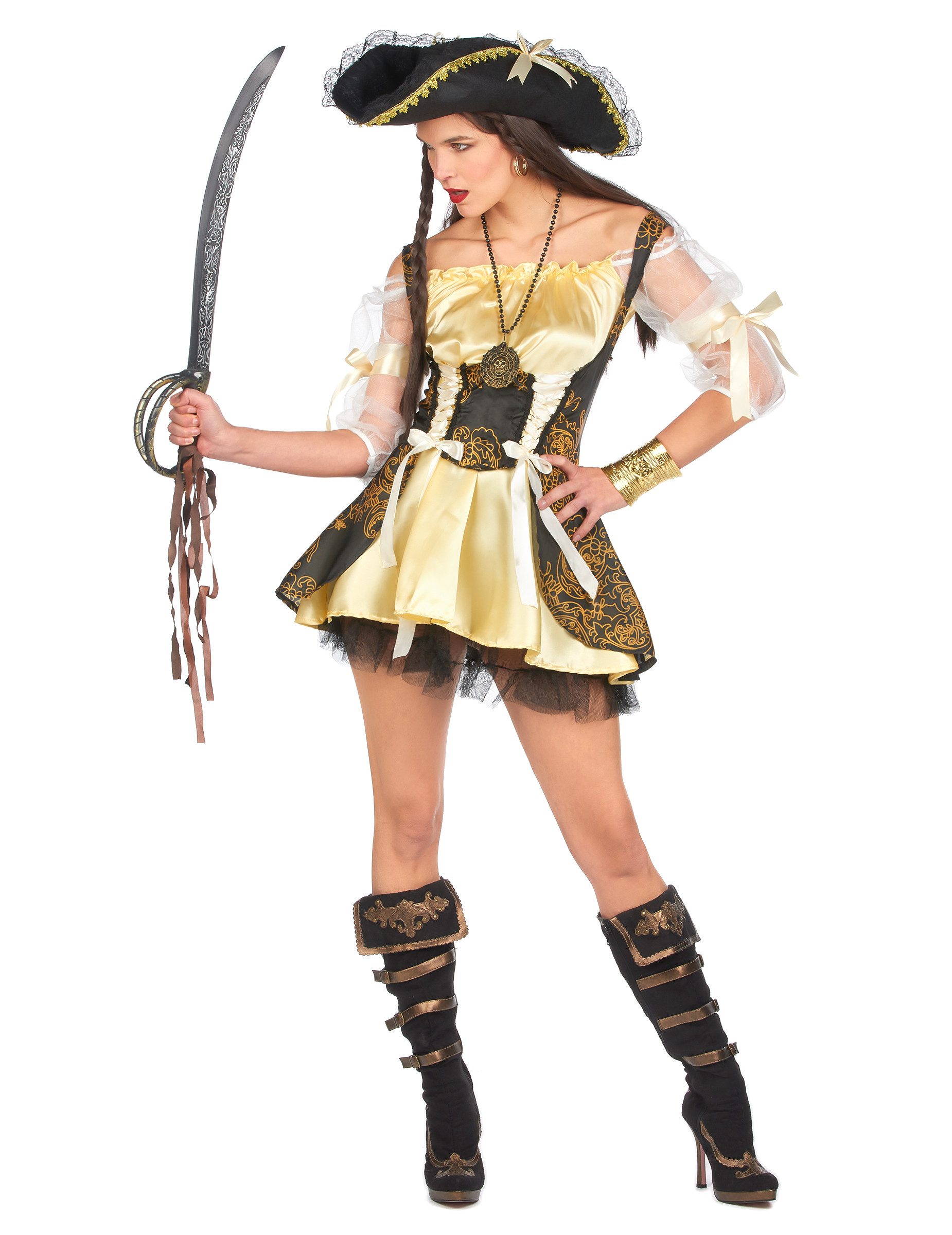 JADEO Piraten-Kostüm Barocke Piratin Damenkostüm Freibeuterin schwarz-gold