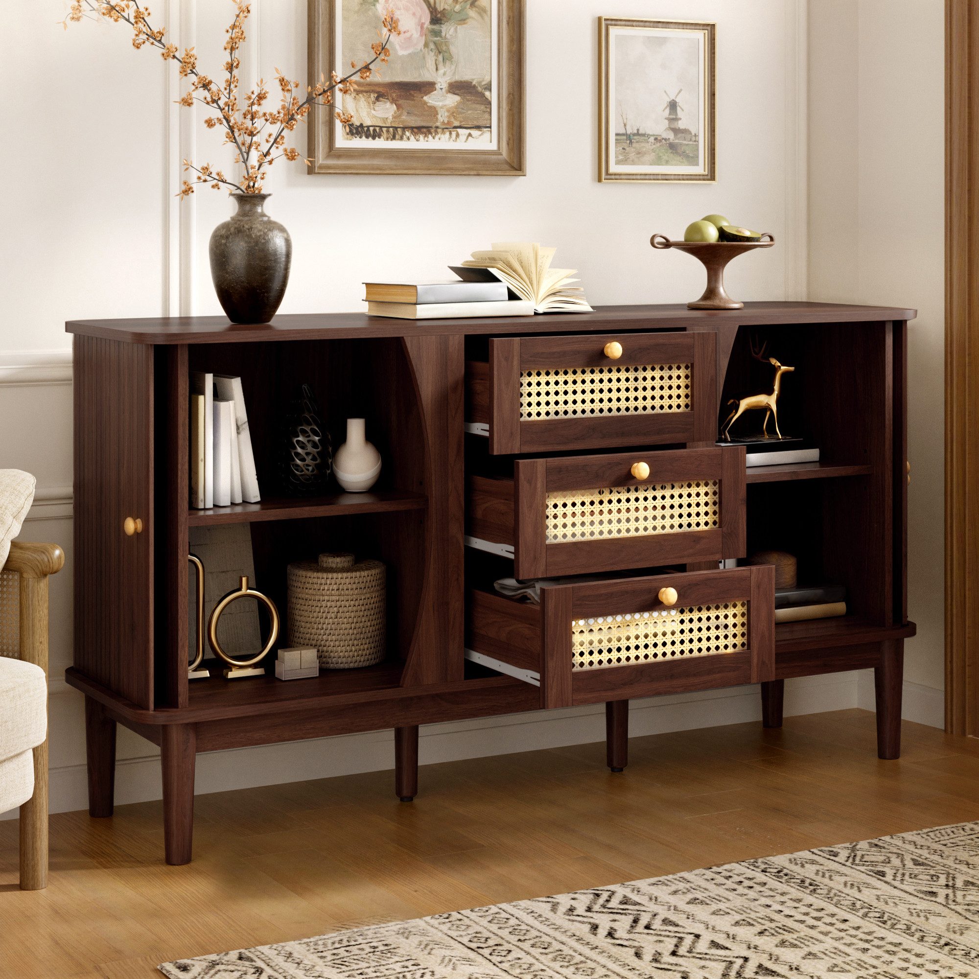 Merax Sideboard Skandi mit 2 Schiebetüren und 3 Schubladen (Rattanschrank Landhausstil, für Wohnzimmer & Flur), Rattan geflecht Kommode, Anrichte Schrank mit Ho – Bild 2 von 5