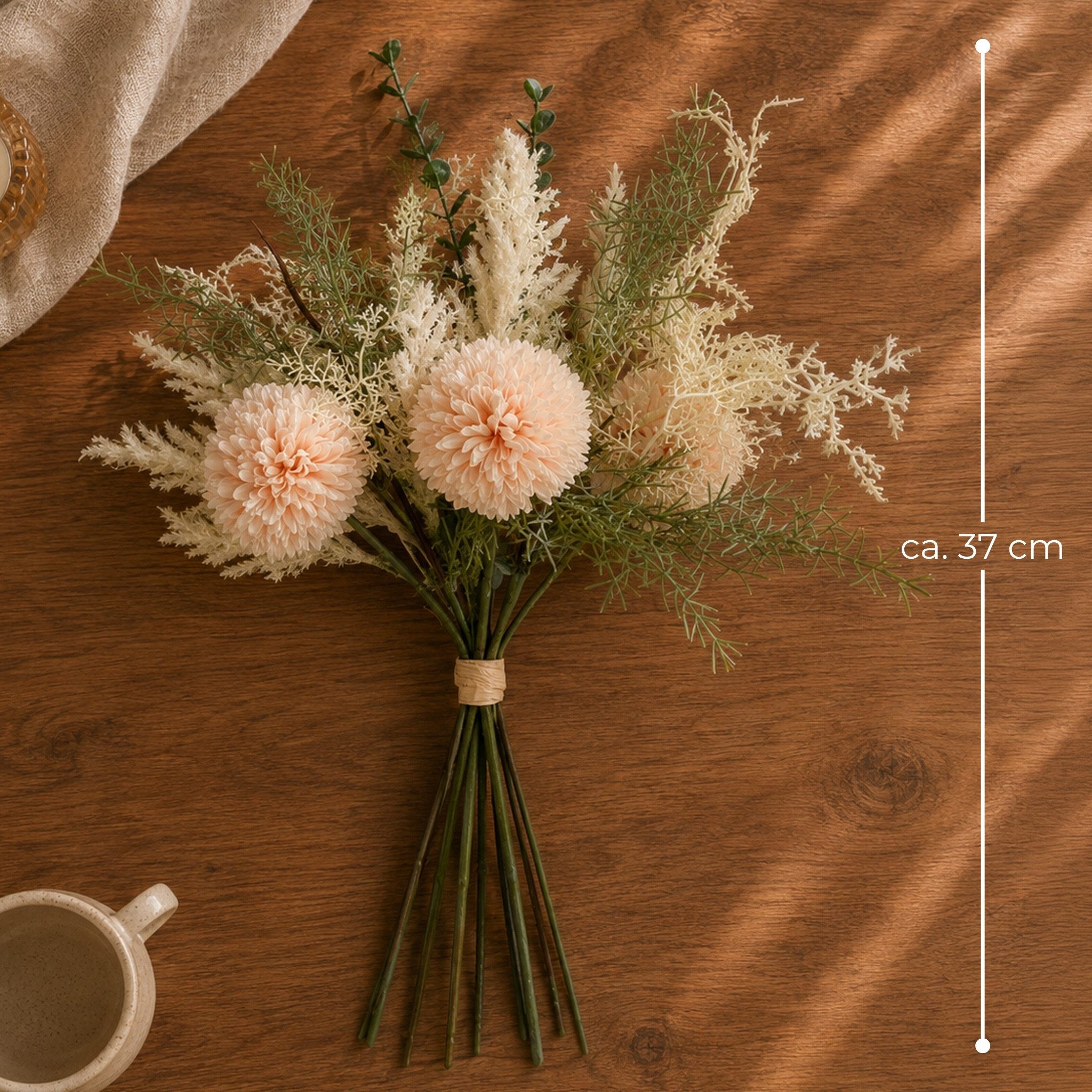 Kunstblume Kunstblumen-Strauß apricot mit Dahlien Eukalyptus wie echt Wiesenblumen, matches21 HOME & HOBBY, Höhe 37 cm, Großer Blumen-Strauß für Vasen als realistische Blumen-Deko