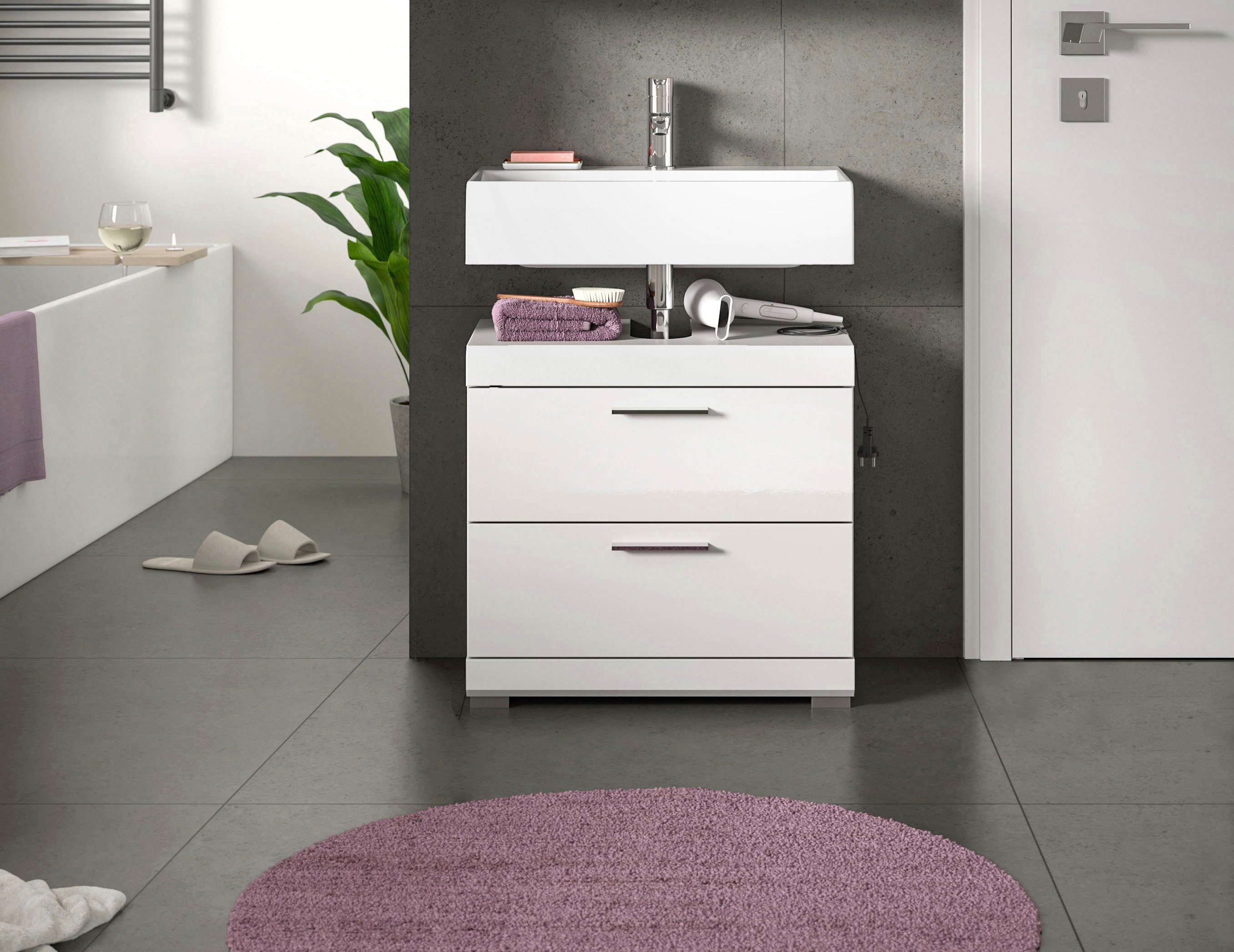 welltime Waschbeckenunterschrank SIENA, Breite 60cm, mit 2 Türen oder 2 Schubkästen, MDF-Front (1-St., TOPSELLER!, mit Siphonausschnitt 10x25 cm) in verschiedenen Farben erhältlich, Badmöbel, Badschrank, Kommode, Bad