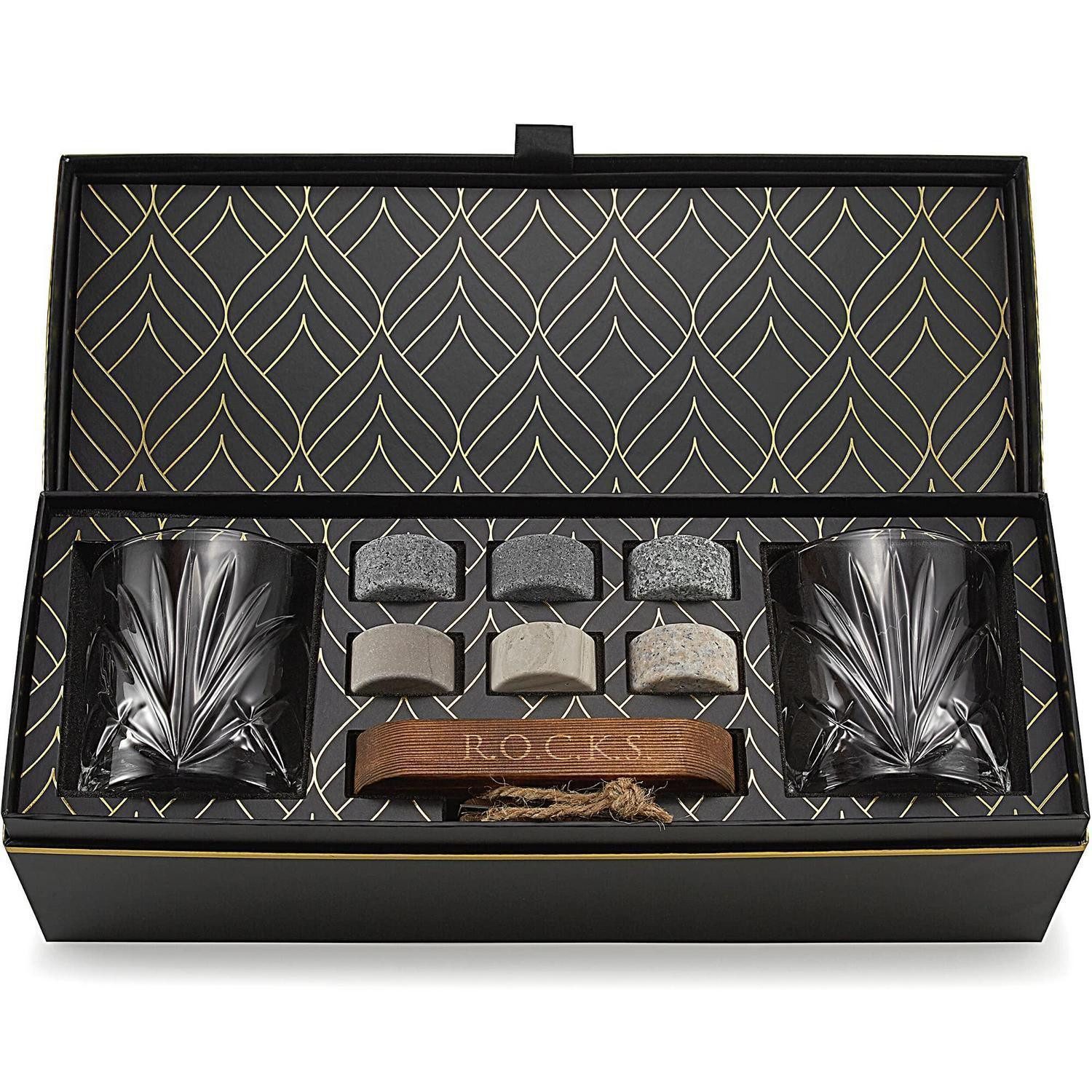 LuxusKollektion Whiskyglas Whiskey Stein Set mit Gläsern & Holztablett