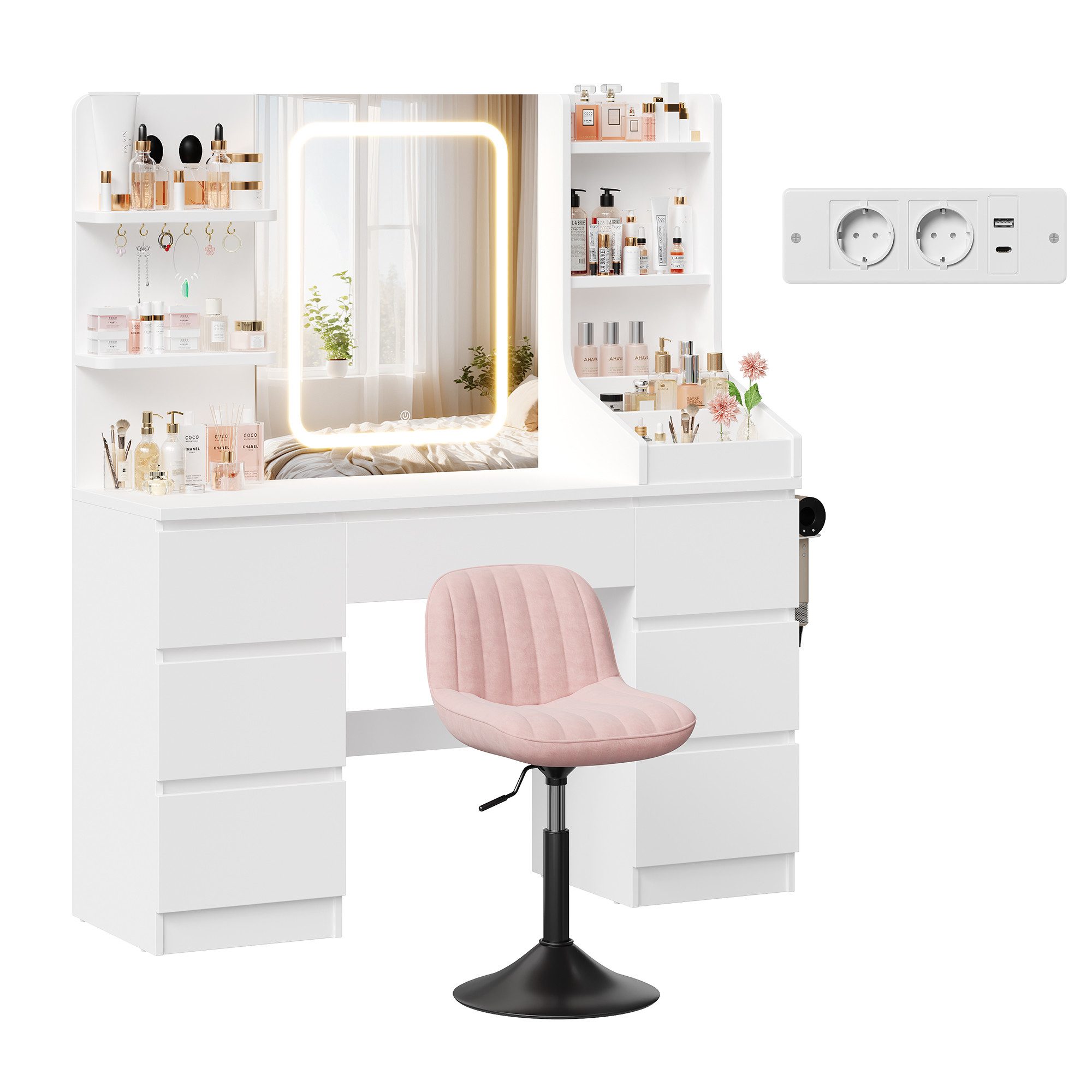 HOMALL Schminktisch Spiegel mit LED-Beleuchtung, 7 Schubladen (Maße: 110 × 40 × 139 cm, drei einstellbare Farbtemperaturen, mit 8 offenen Ablagefächern, 6 Schmu – Bild 2 von 5