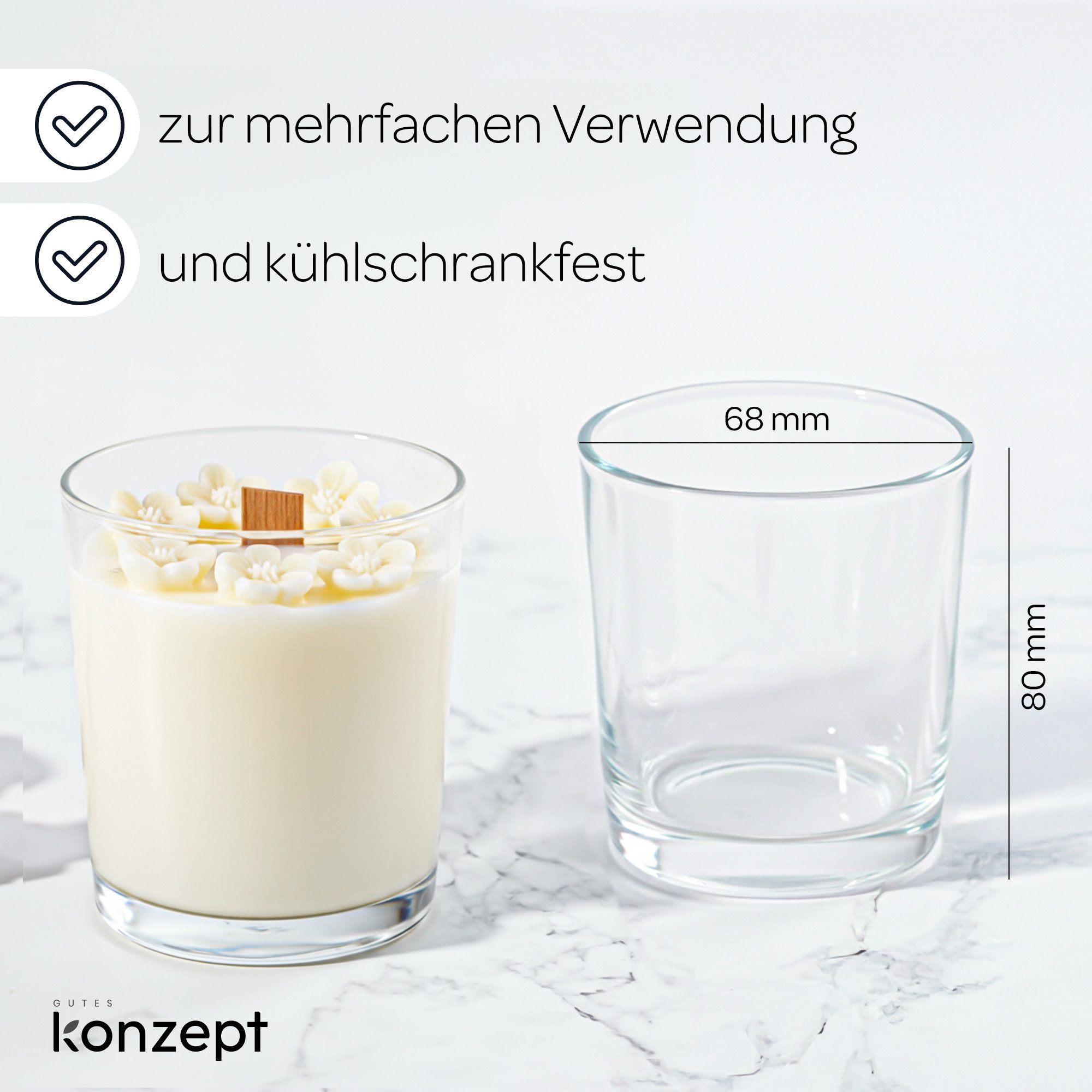 KONZEPT Teelichthalter 6/12er Set 180 ml – Kleine Gläser für Teelichter & DIY-Kerzen (6 St), Hochwertiges Glas mit verstärktem Boden,Klassische zylindrische Form
