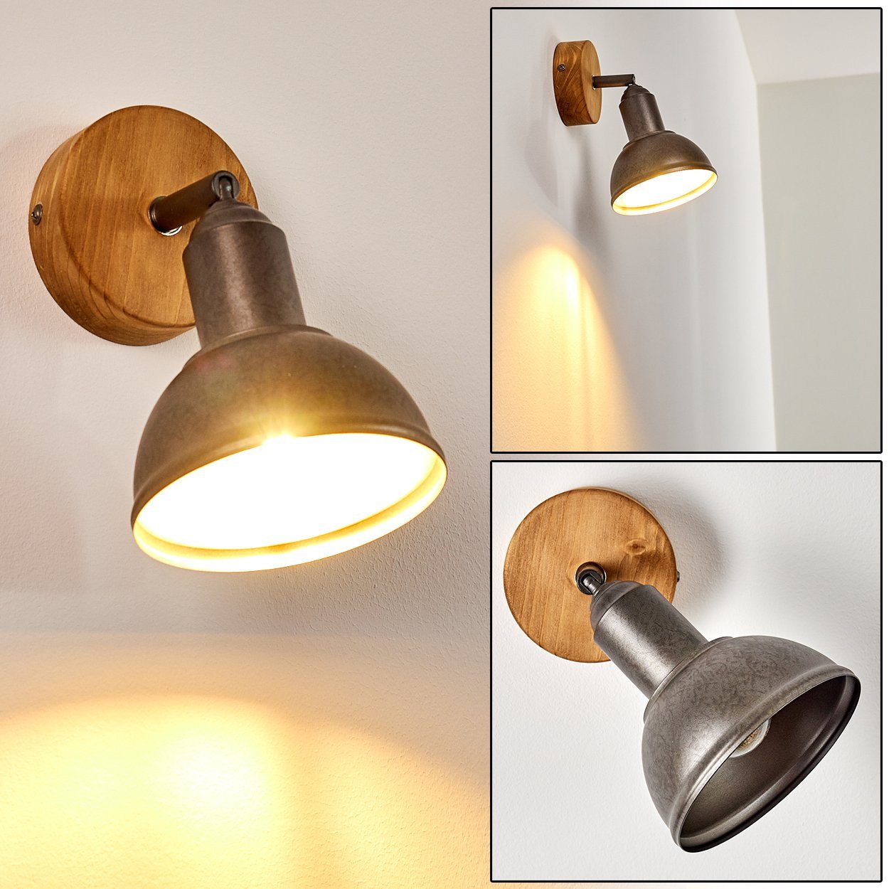 hofstein Wandleuchte »Mura« verstellbare Wandlampe aus Metall/Holz in Grau/Braun, ohne Leuchtmittel, 1xE14, Wandspot im Retro/Vintage Design