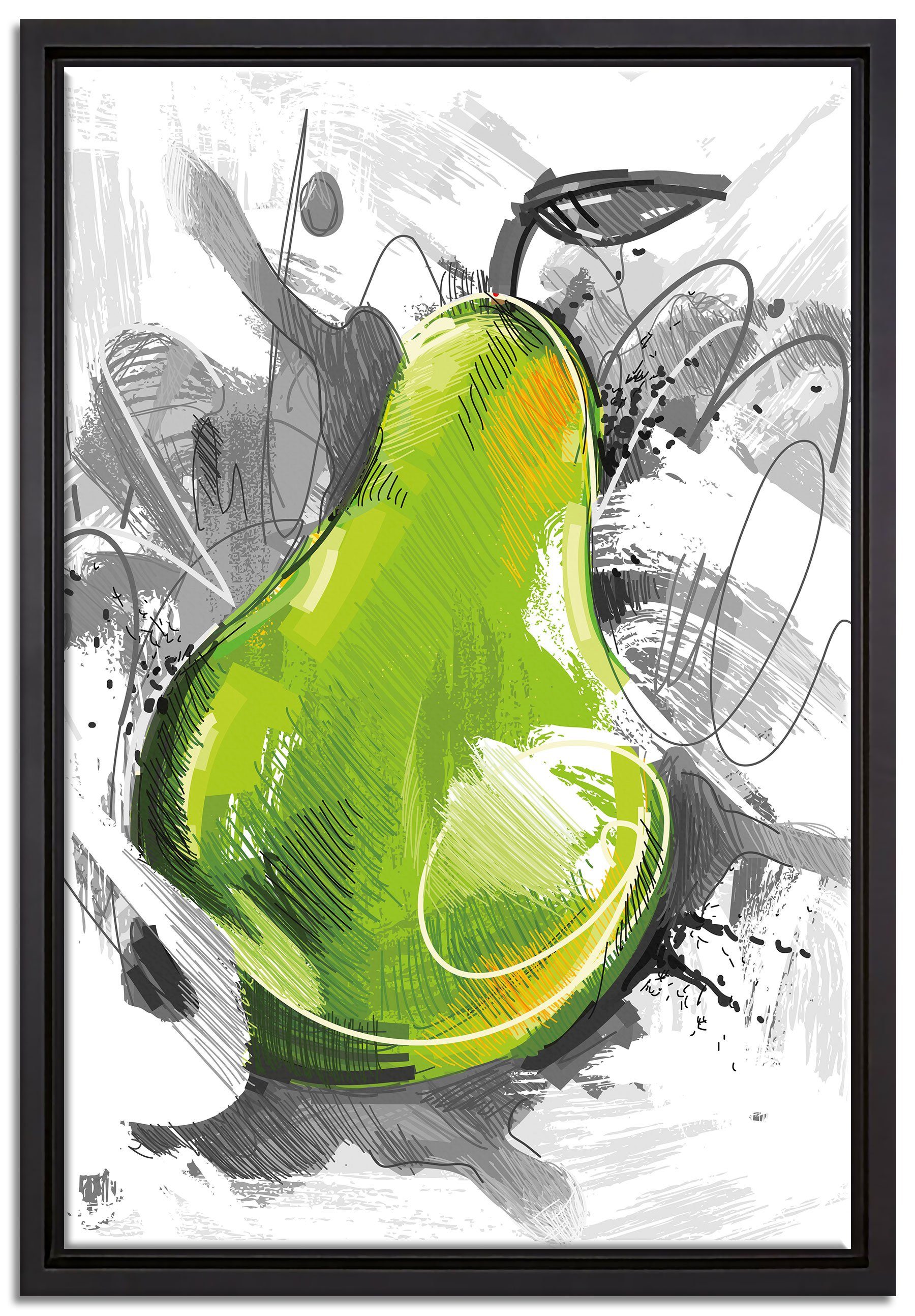 Pixxprint Leinwandbild Künstlerisch gezeichnete Birne, Wanddekoration (1 St), Leinwandbild fertig bespannt, in einem Schattenfugen-Bilderrahmen gefasst, inkl. Zackenaufhänger