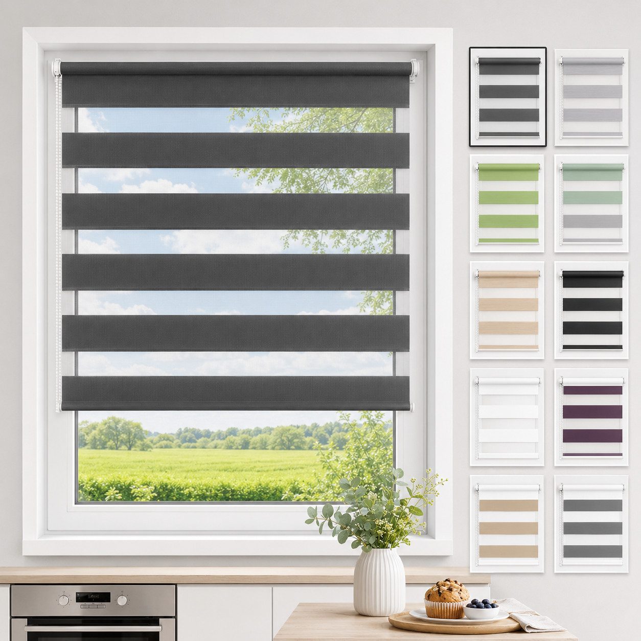 Doppelrollo ohne Bohren 130cm/150cm/230cm, OUBO, freihängend, Klemmfix, rollo für Fenster und Tür mit Klemmträger Lichtschutz und Sichtschutz