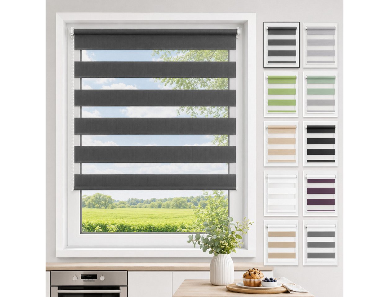Doppelrollo ohne Bohren 130cm/150cm/230cm, OUBO, freihängend, Klemmfix, rollo für Fenster und Tür mit Klemmträger Lichtschutz und Sichtschutz