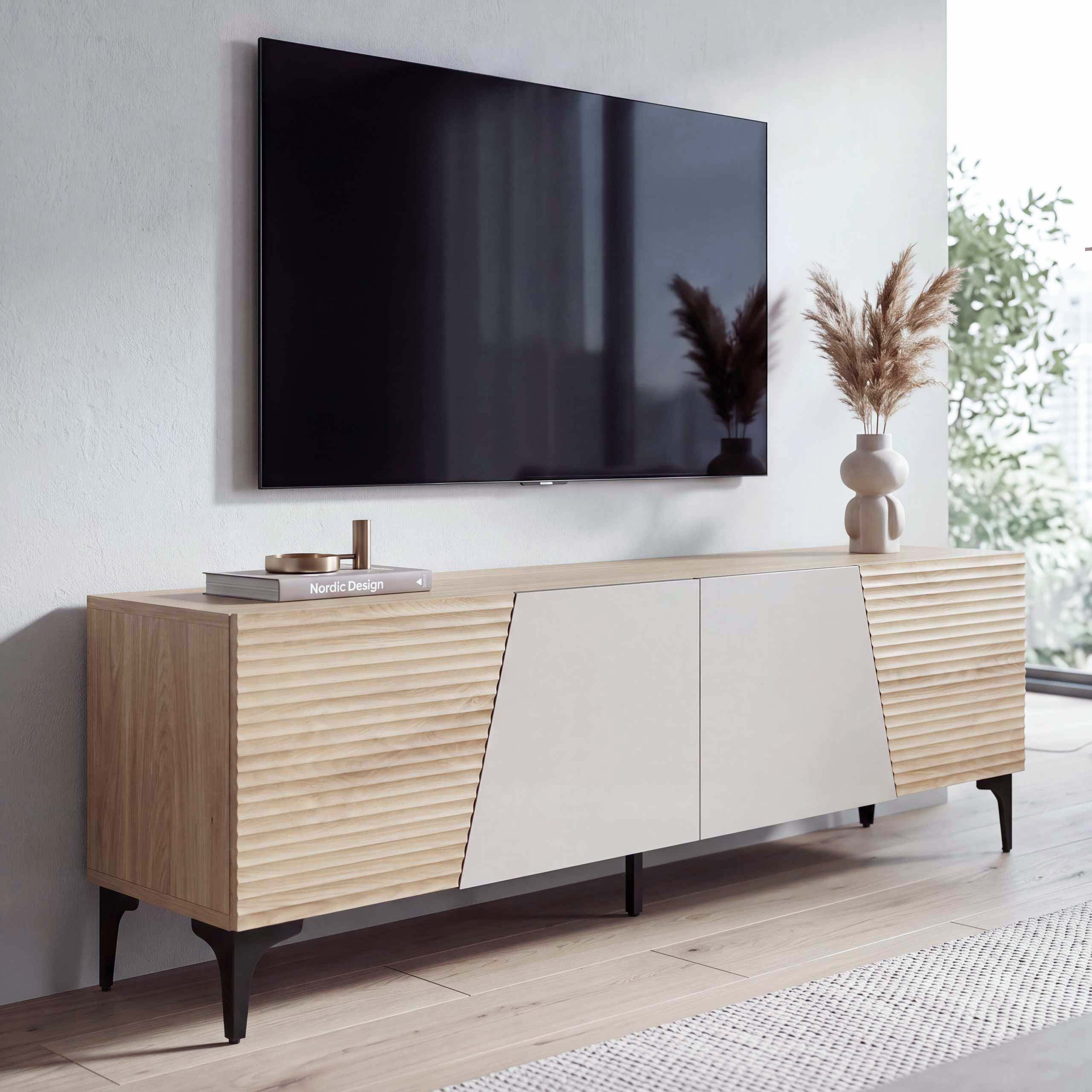 MCW TV-Rack MCW-Q83, Dekorative Kombination aus strukturierten und glatten Fronten